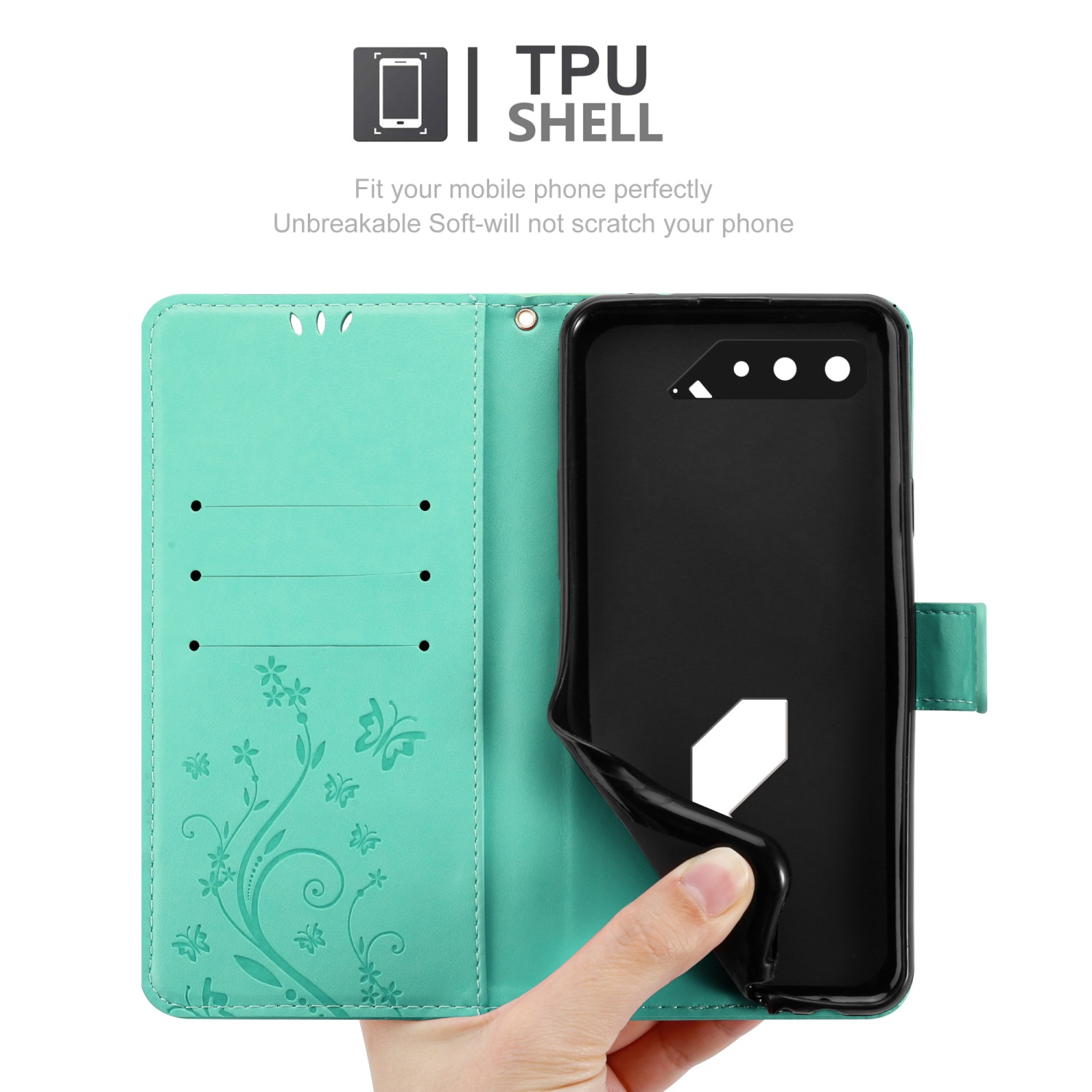Custodia turchese, aperta. Una mano tiene un telefono nero. La custodia è in TPU.