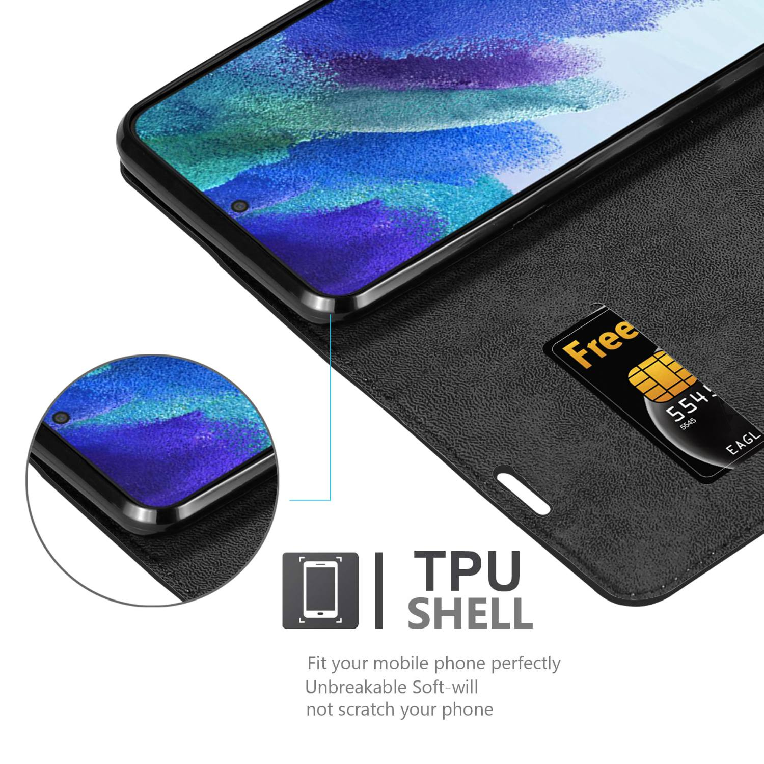 Schwarze Handyhülle, offen, mit Telefon und Kreditkarte. Die Schale hat eine TPU-Beschreibung.