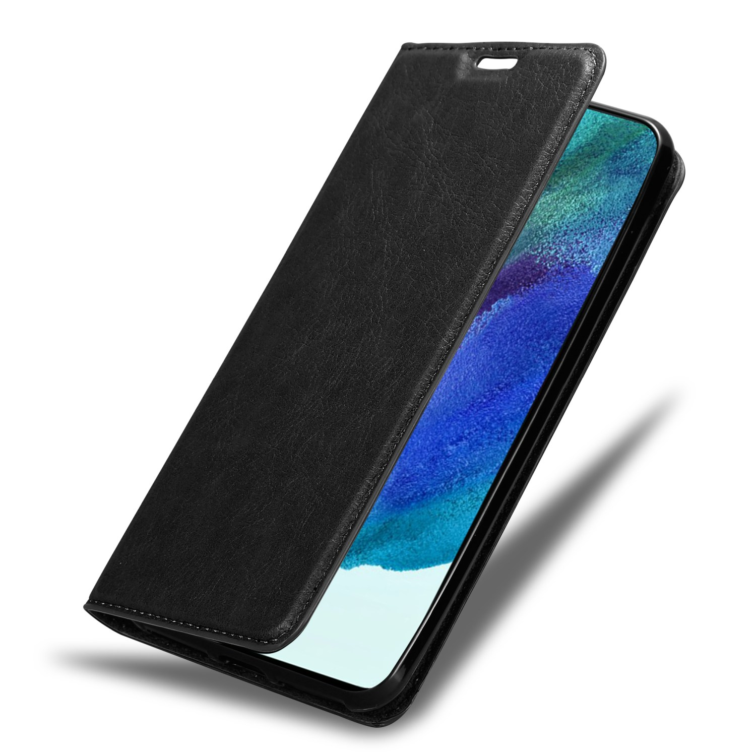 Schwarze Handyhülle, offen, zeigt den Bildschirm des Telefons. Das Telefon hat ein blau-weißes Design.