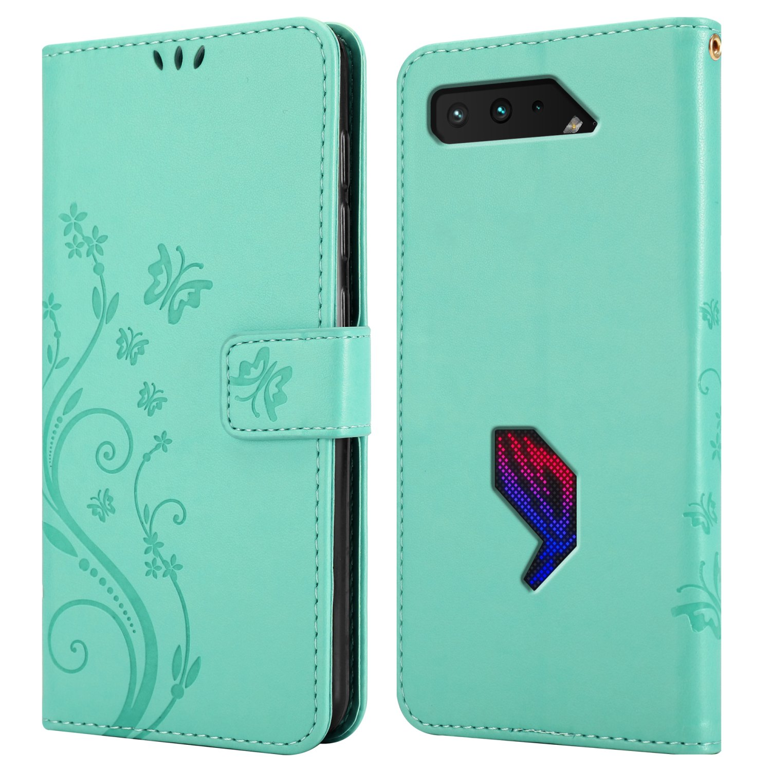 Custodia per telefono verde acqua con design a farfalla. Design in rilievo sulla cover con ritaglio per la fotocamera.