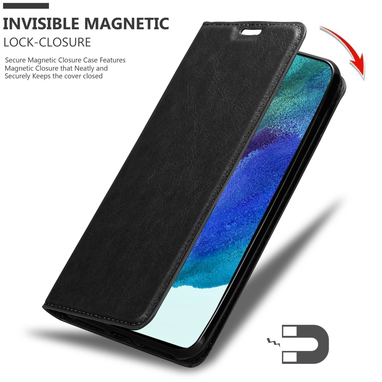 Schwarze Handyhülle, offen, mit einem Magnetdetail. Der Telefonbildschirm ist sichtbar.