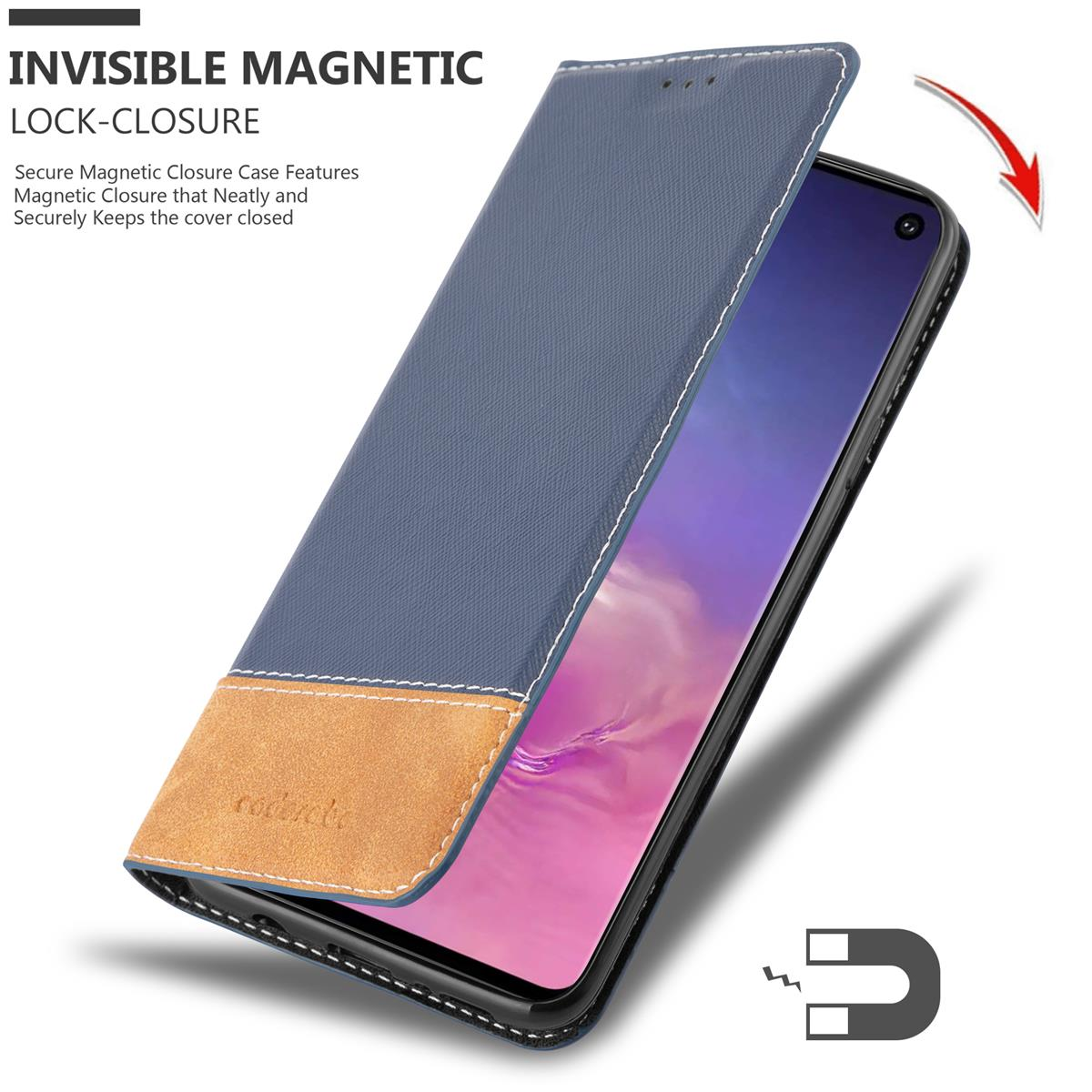 Custodia blu per telefono con toppa marrone, il telefono all'interno.