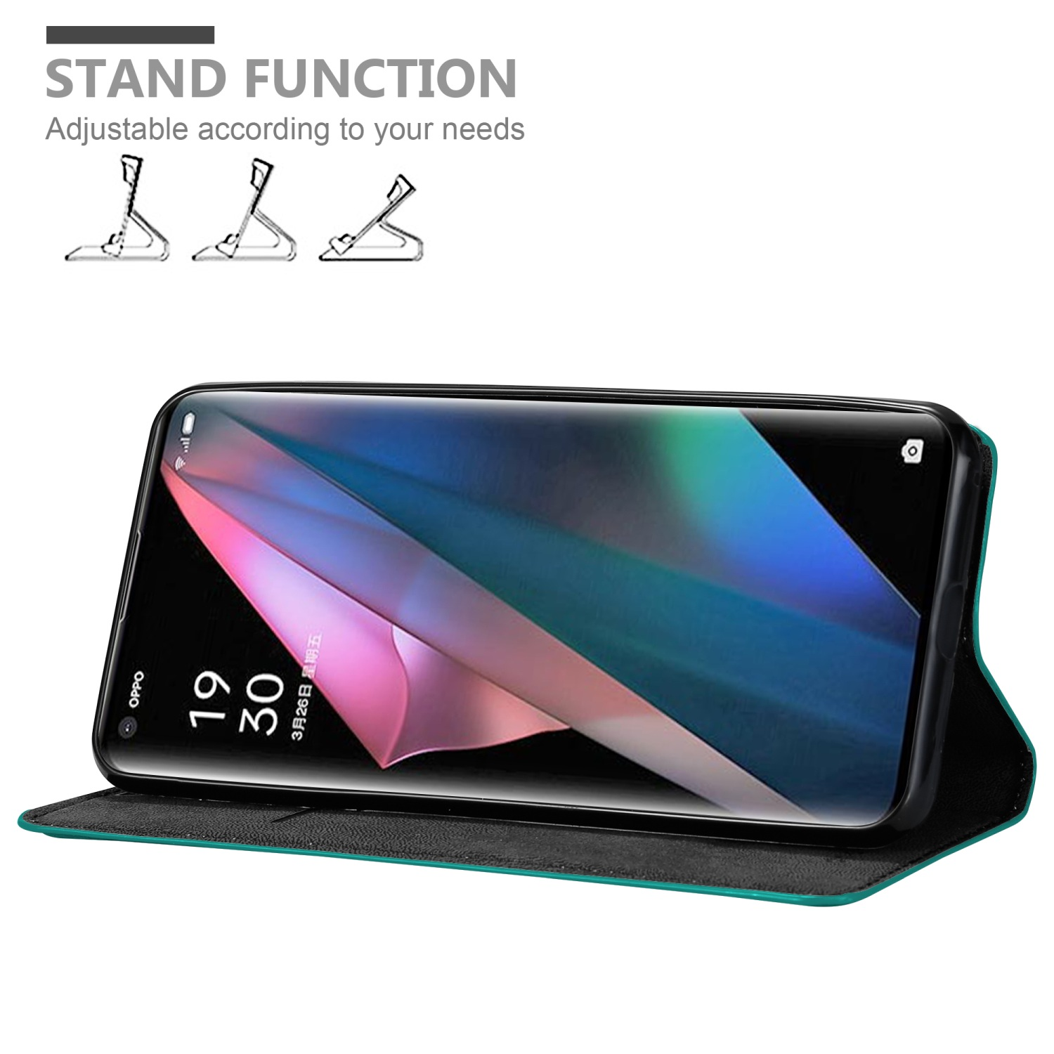 Custodia teal con funzione stand, aperta per mostrare lo schermo del telefono. Il telefono è sullo stand.