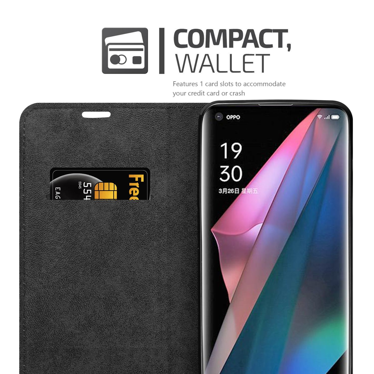 Custodia per telefono nera con slot per scheda SIM gratuito, uno slot per schede, un telefono e il logo Oppo.