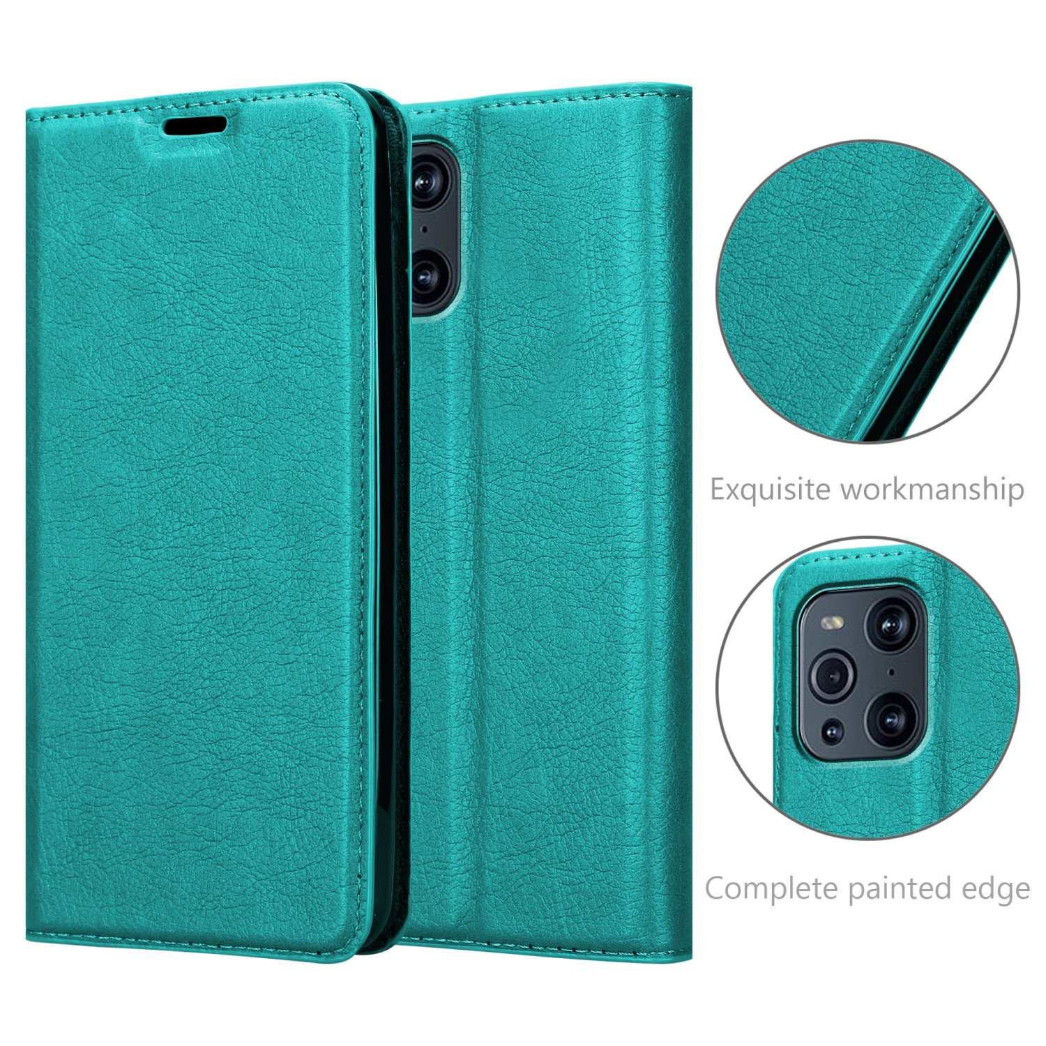 Custodia del telefono verde acqua aperta, dettagli del telefono e della custodia.