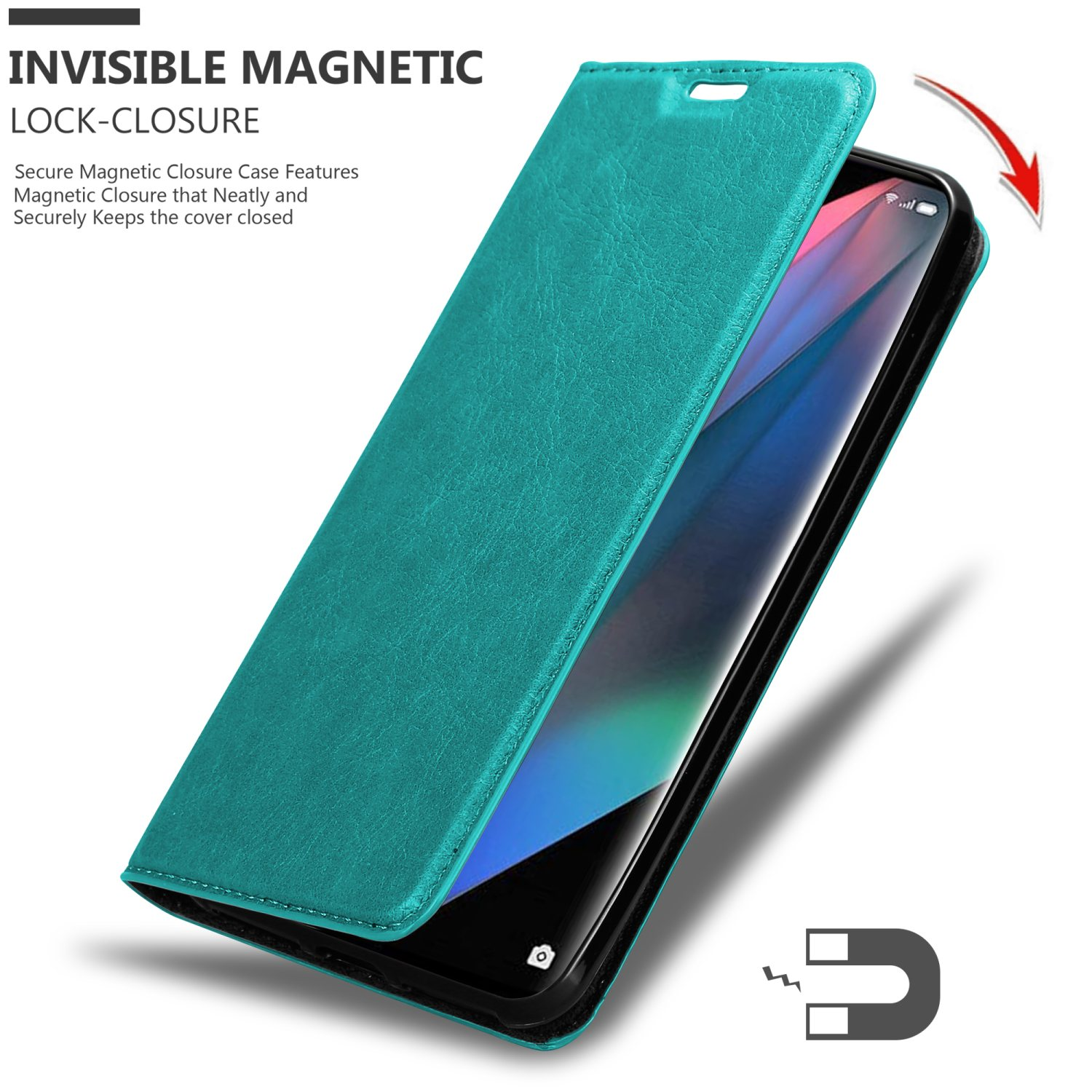 Custodia turchese aperta, che mostra lo schermo del telefono. Chiusura magnetica.