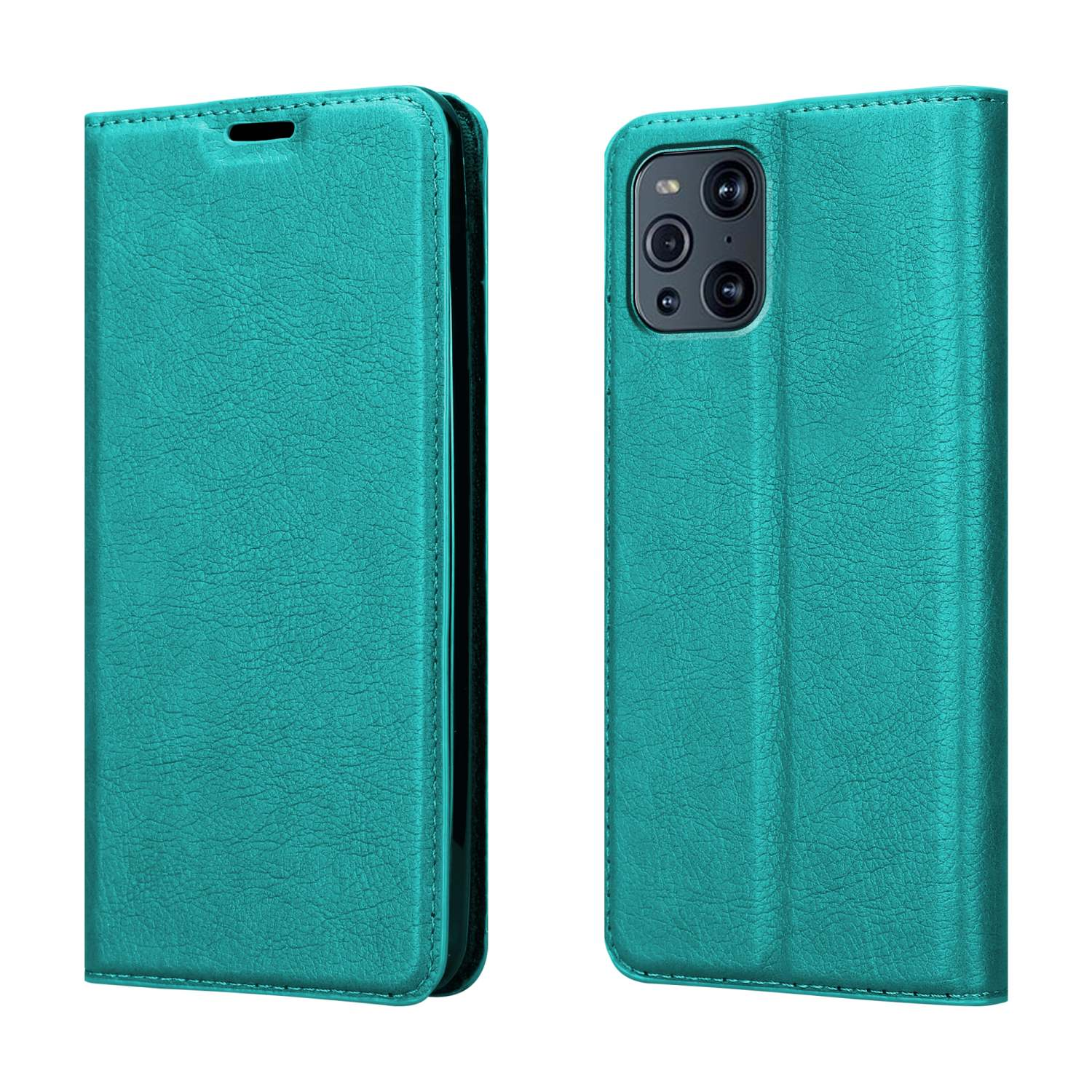 Custodia in pelle verde acqua, aperta che mostra il telefono. Cuciture dettagliate sui bordi.