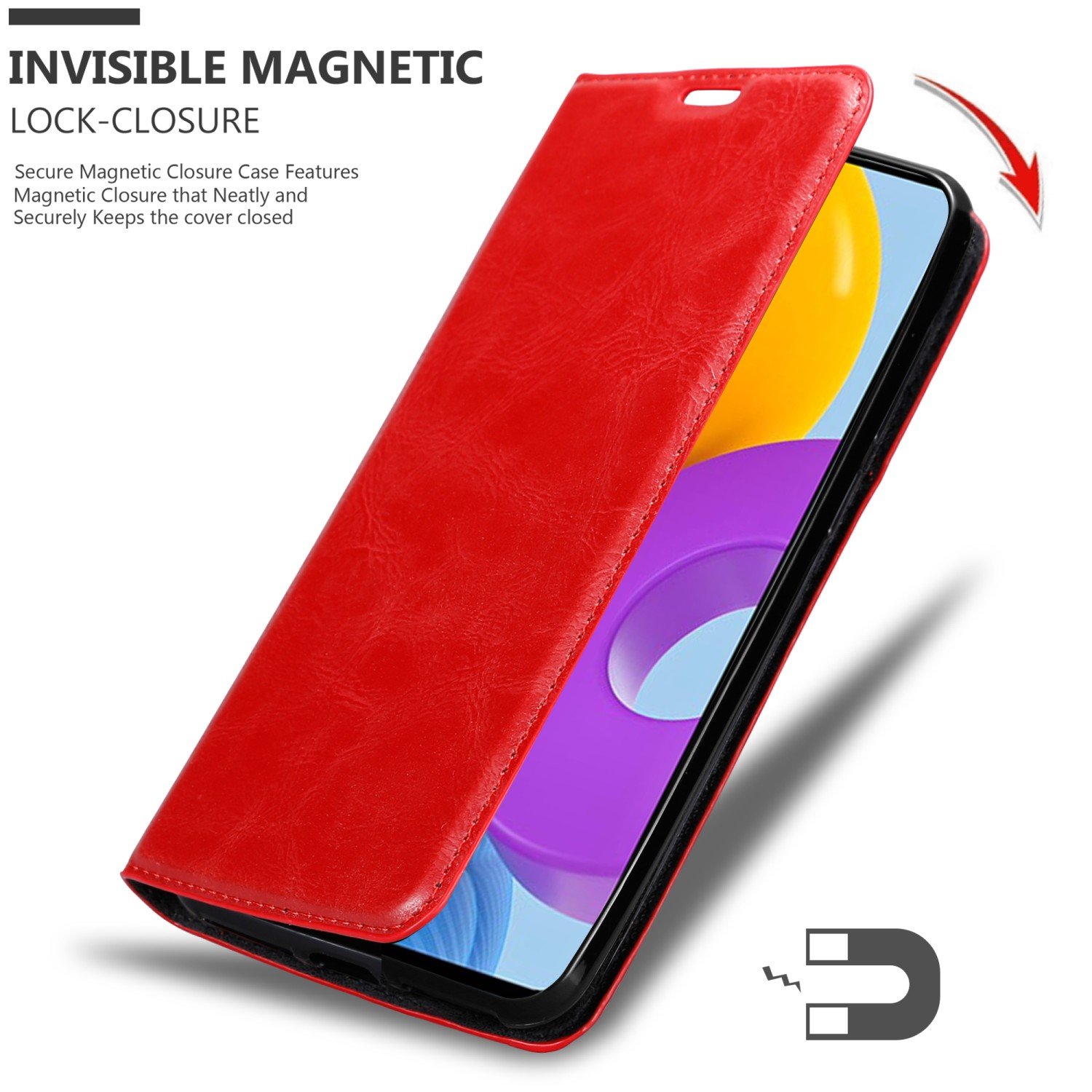 Primo piano di una custodia per telefono con telefono, magnete e testo 'INVISIBLE MAGNETIC'.