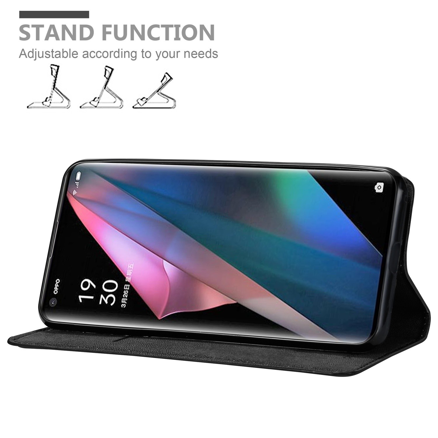 Telefono in custodia nera, angolato per mostrare lo schermo. Funzione supporto visibile.