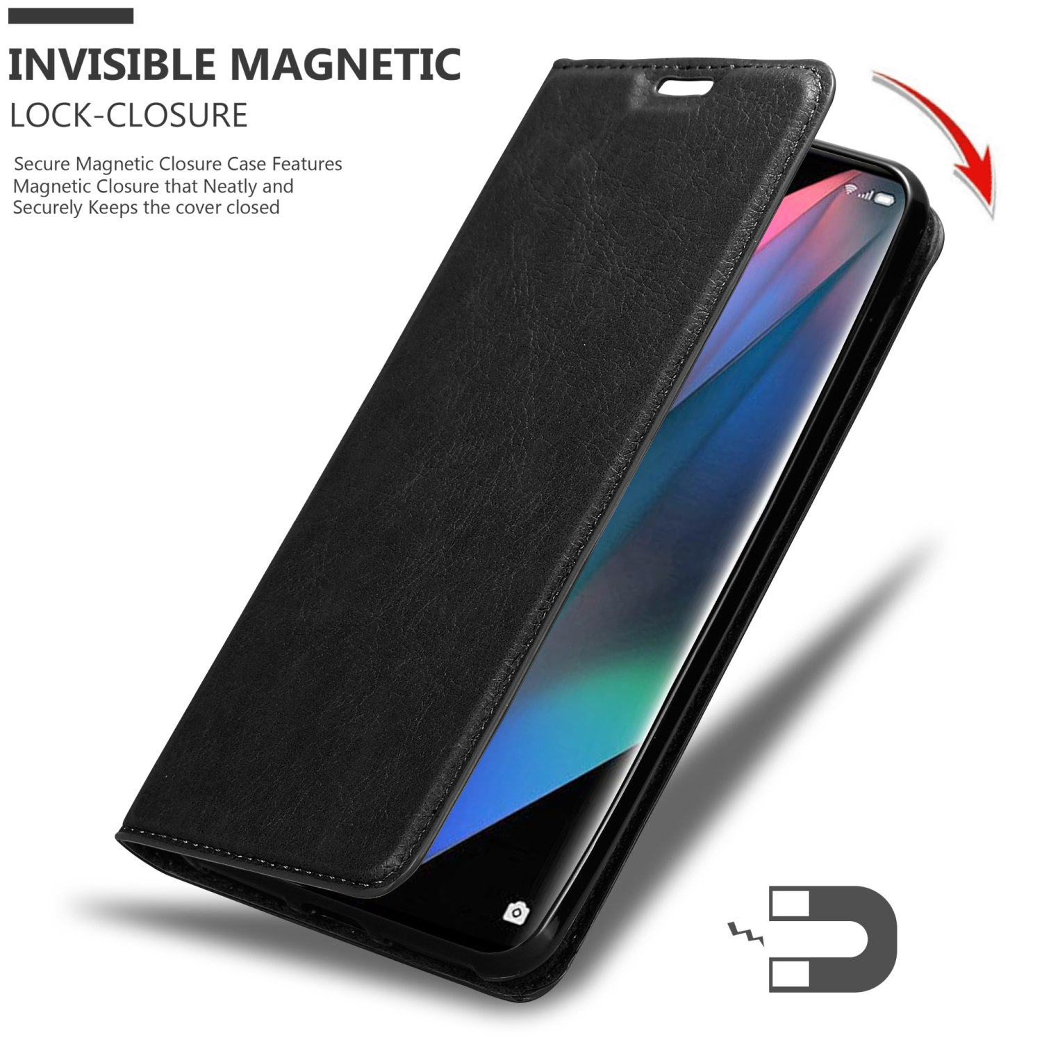 Custodia del telefono nera aperta, che rivela un telefono. Testo: Chiusura magnetica invisibile e simbolo del magnete.