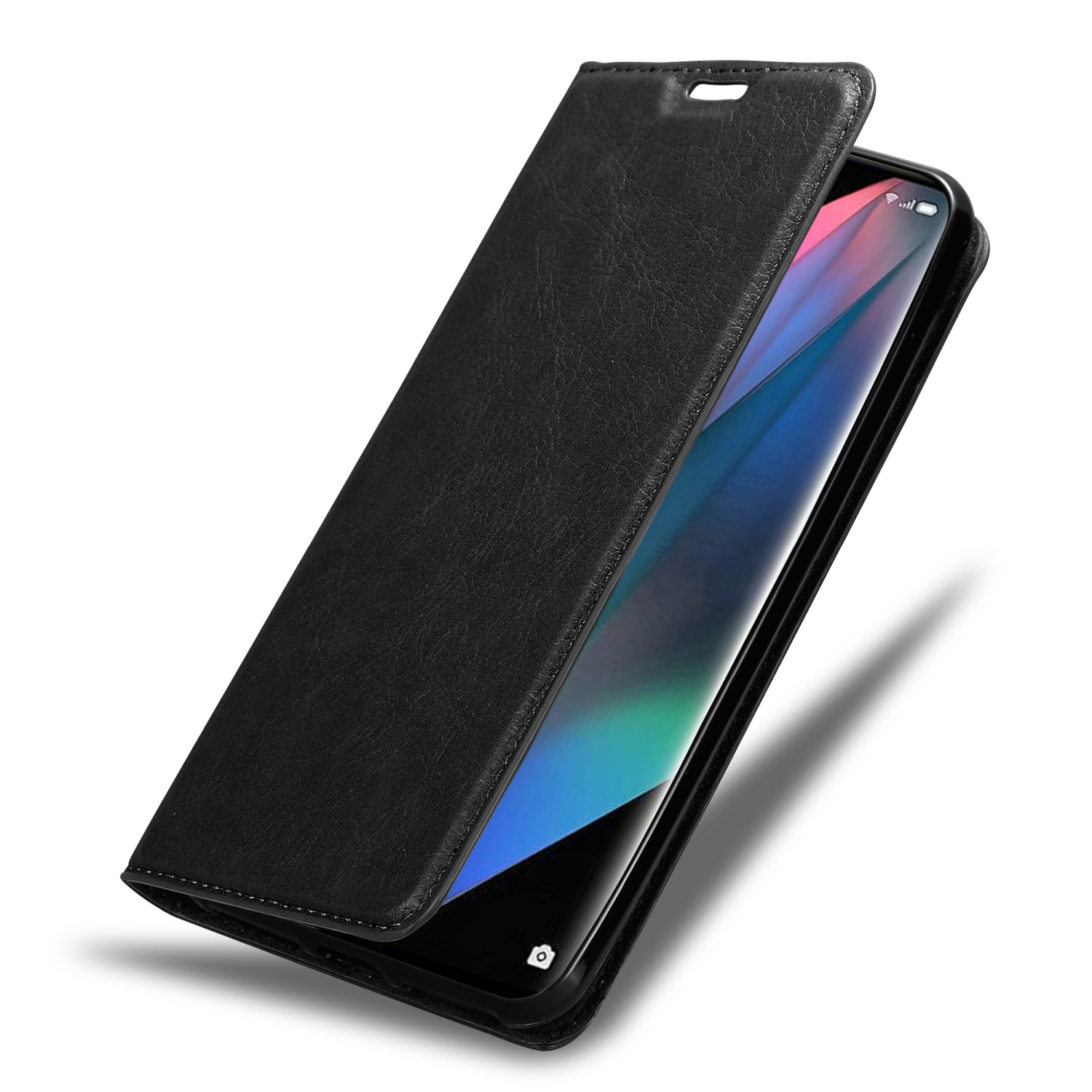 Una custodia nera è aperta, rivelando lo schermo. Il telefono è nero. Texture in pelle.