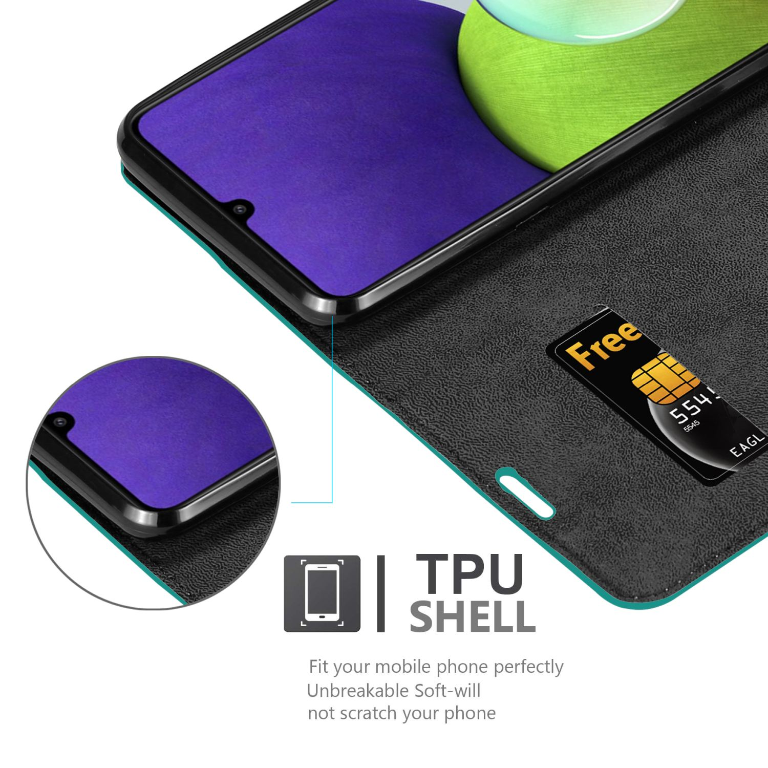 Custodia con telefono e carta di credito. Testo 'TPU SHELL'. Verde e nero con cuciture bianche.