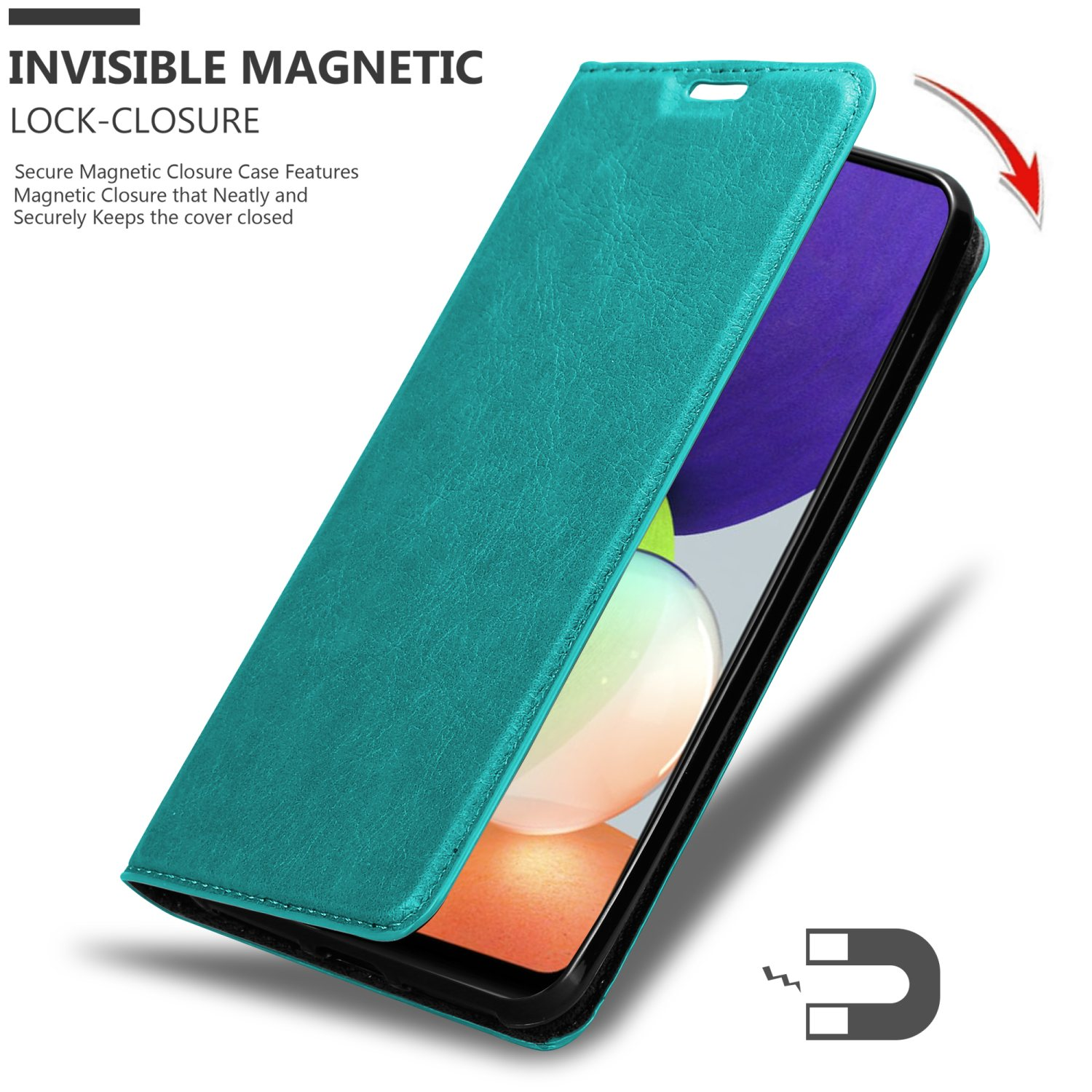 Custodia per telefono verde acqua aperta, mostra il telefono. Grafica di chiusura magnetica. Il telefono è all'interno.