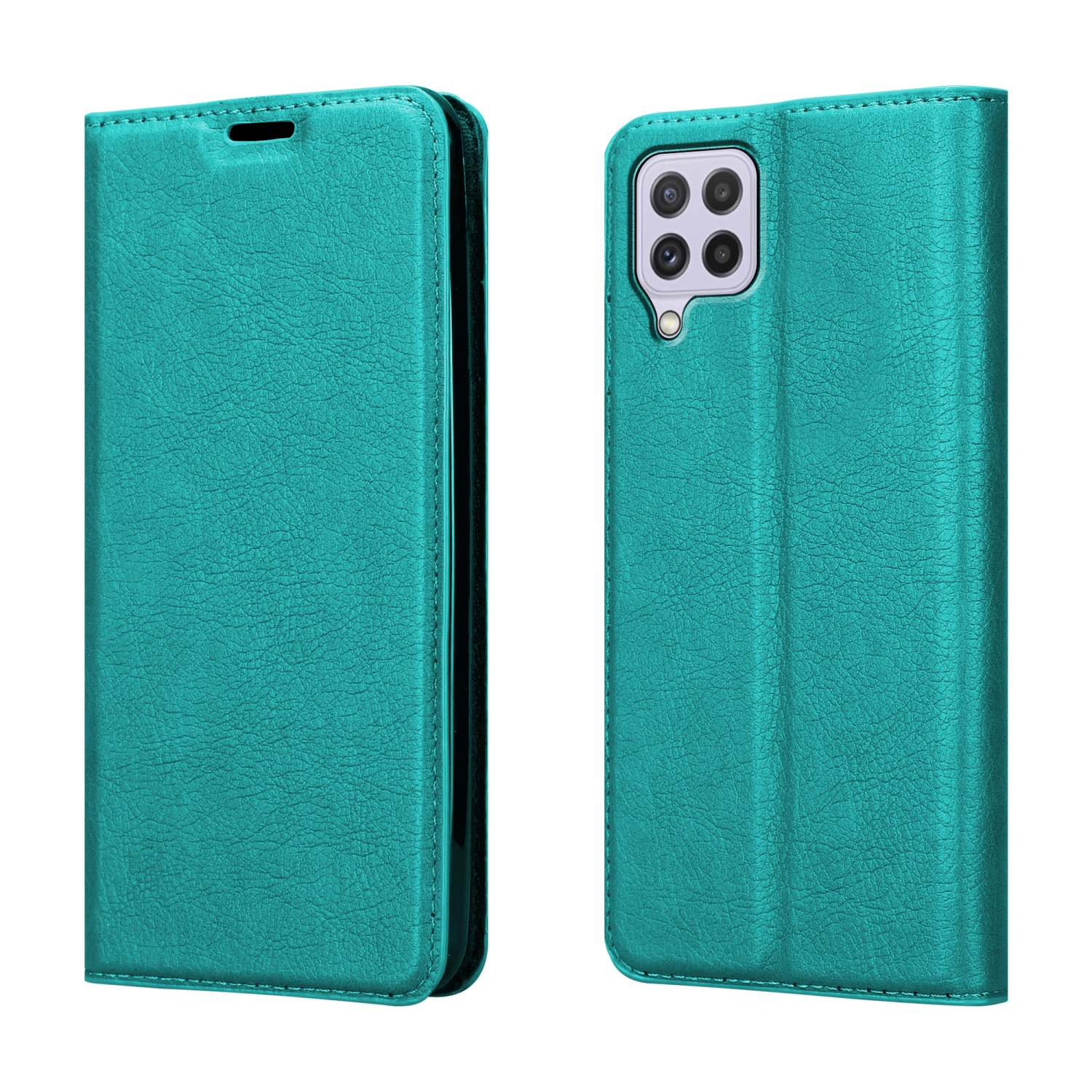 Custodia per telefono verde acqua, aperta. Telefono all'interno. Sfondo bianco.