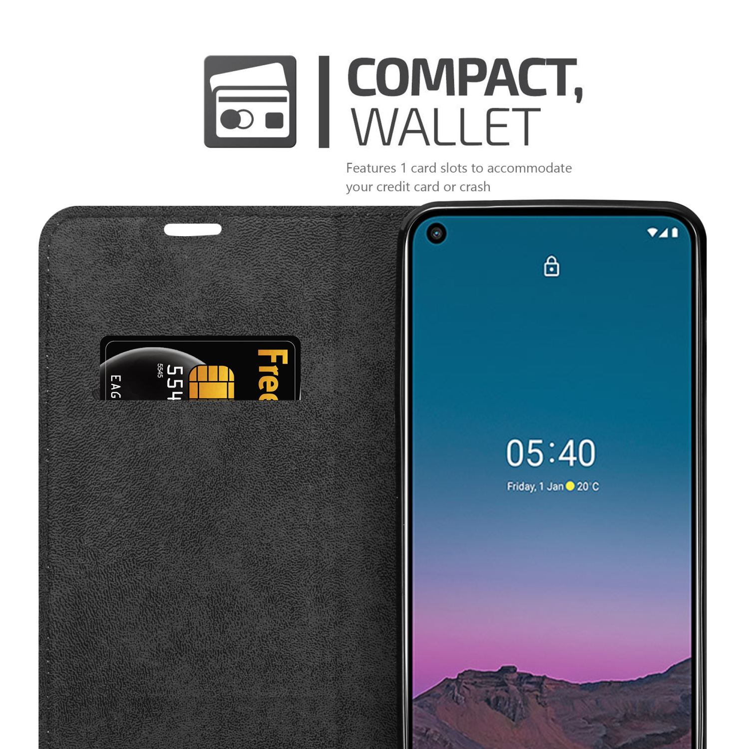 Geöffnete schwarze Handyhülle, Telefon, Kartenfach und Karte zeigend. Text 'Compact, Wallet'.
