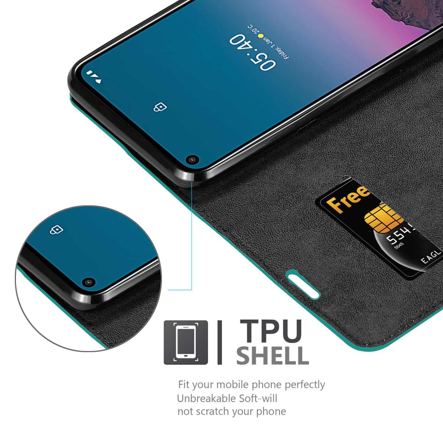 Ein Smartphone in einer Klapphülle. Der Bildschirm zeigt einen Startbildschirm. Eine SIM-Karte ist innen sichtbar.