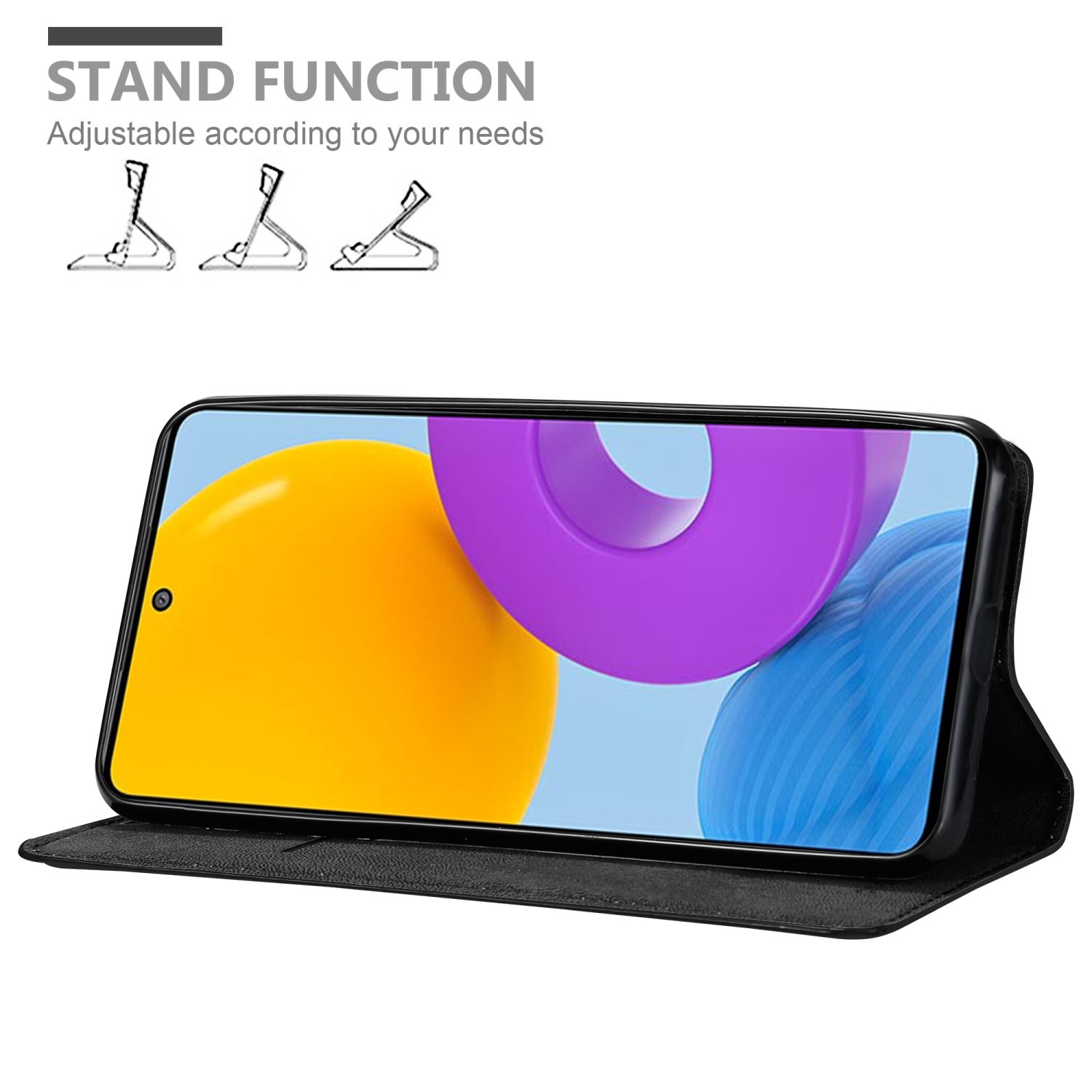 Custodia per telefono nera con telefono in funzione stand. Il telefono mostra un'immagine colorata.