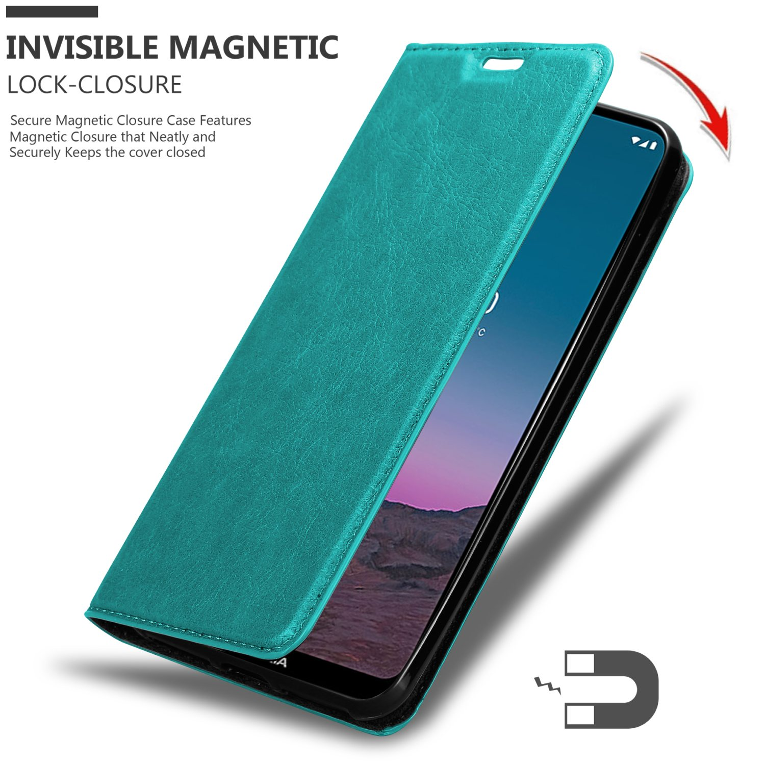 Türkise Handyhülle öffnet sich, um das Telefon freizugeben. Unsichtbarer Magnetverschluss ist die Funktion.