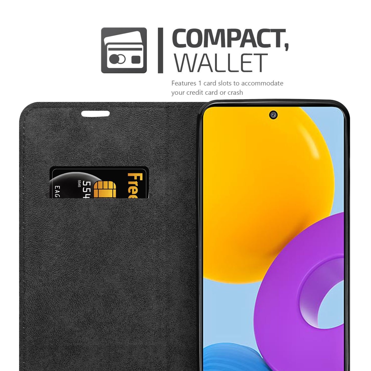 Custodia nera, aperta, che mostra un telefono con schermo giallo e viola. Contiene uno slot.