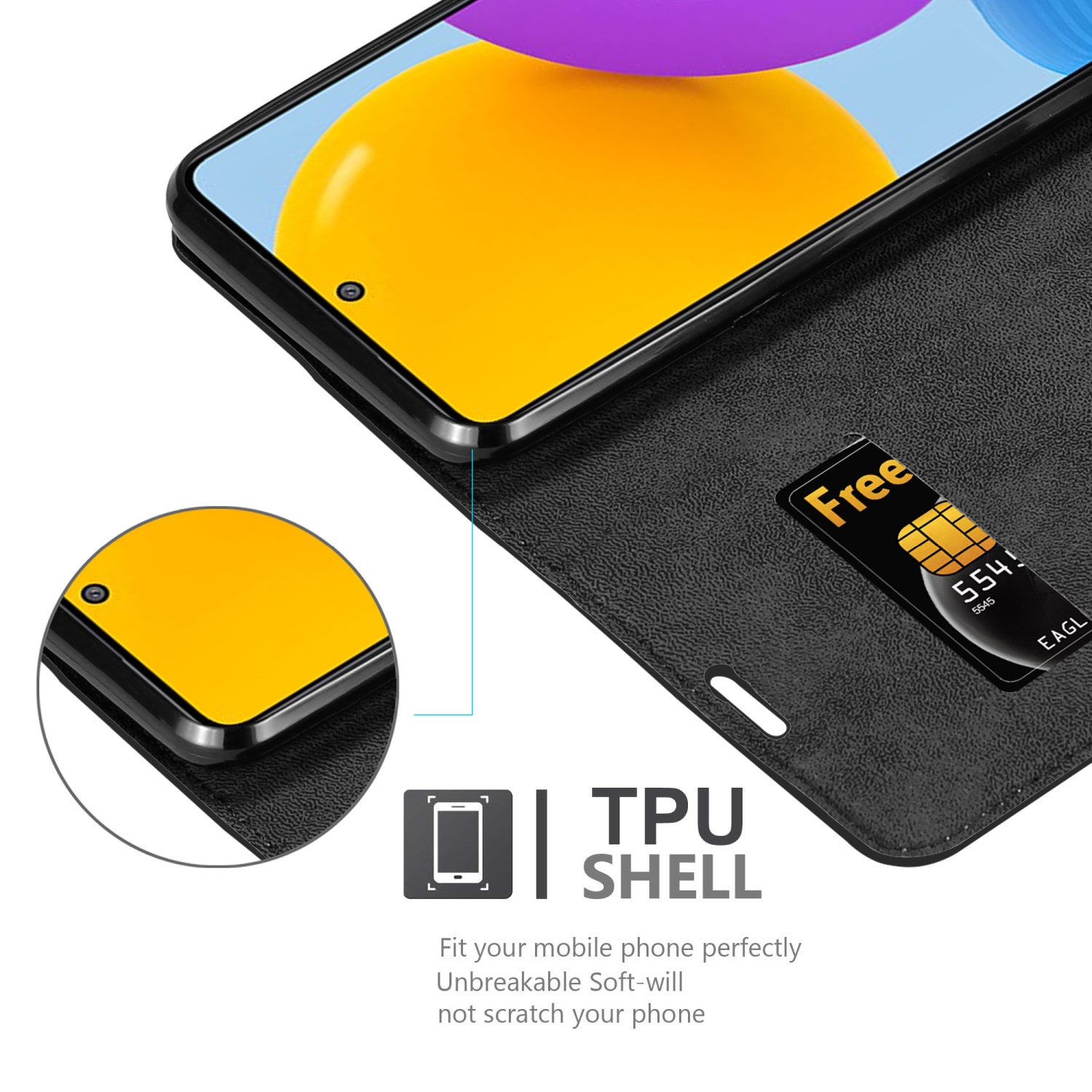 Una custodia per telefono, aperta, che mostra uno schermo del telefono con uno sfondo giallo e viola.