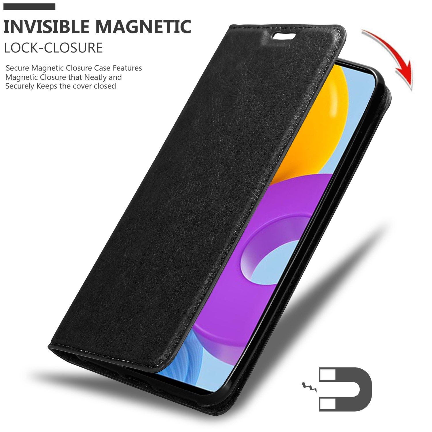 Custodia per telefono nera con chiusura magnetica. L'interno è una custodia viola con un telefono all'interno.