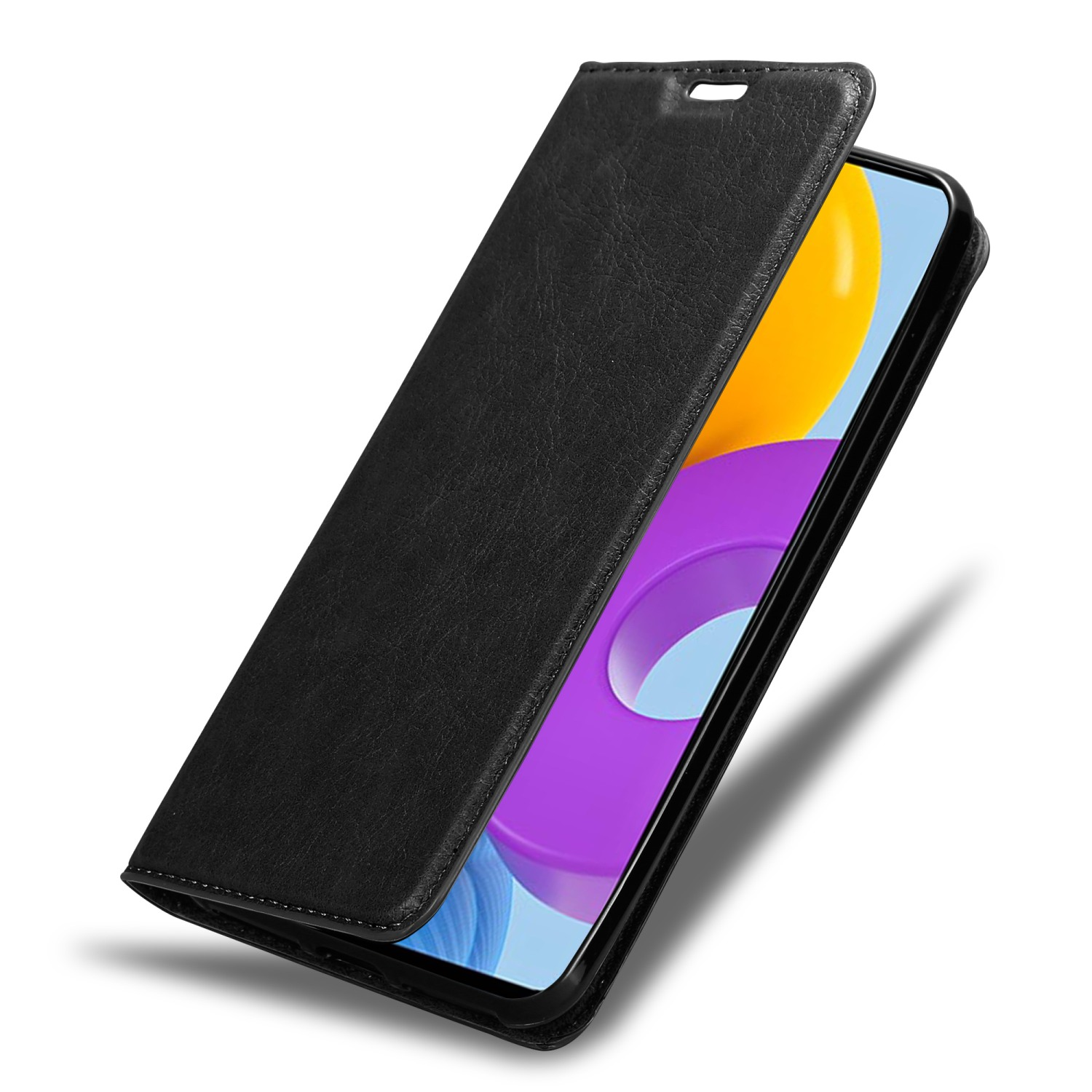 Custodia per telefono in pelle nera, aperta, che mostra lo schermo del telefono. Il colore è visibile.