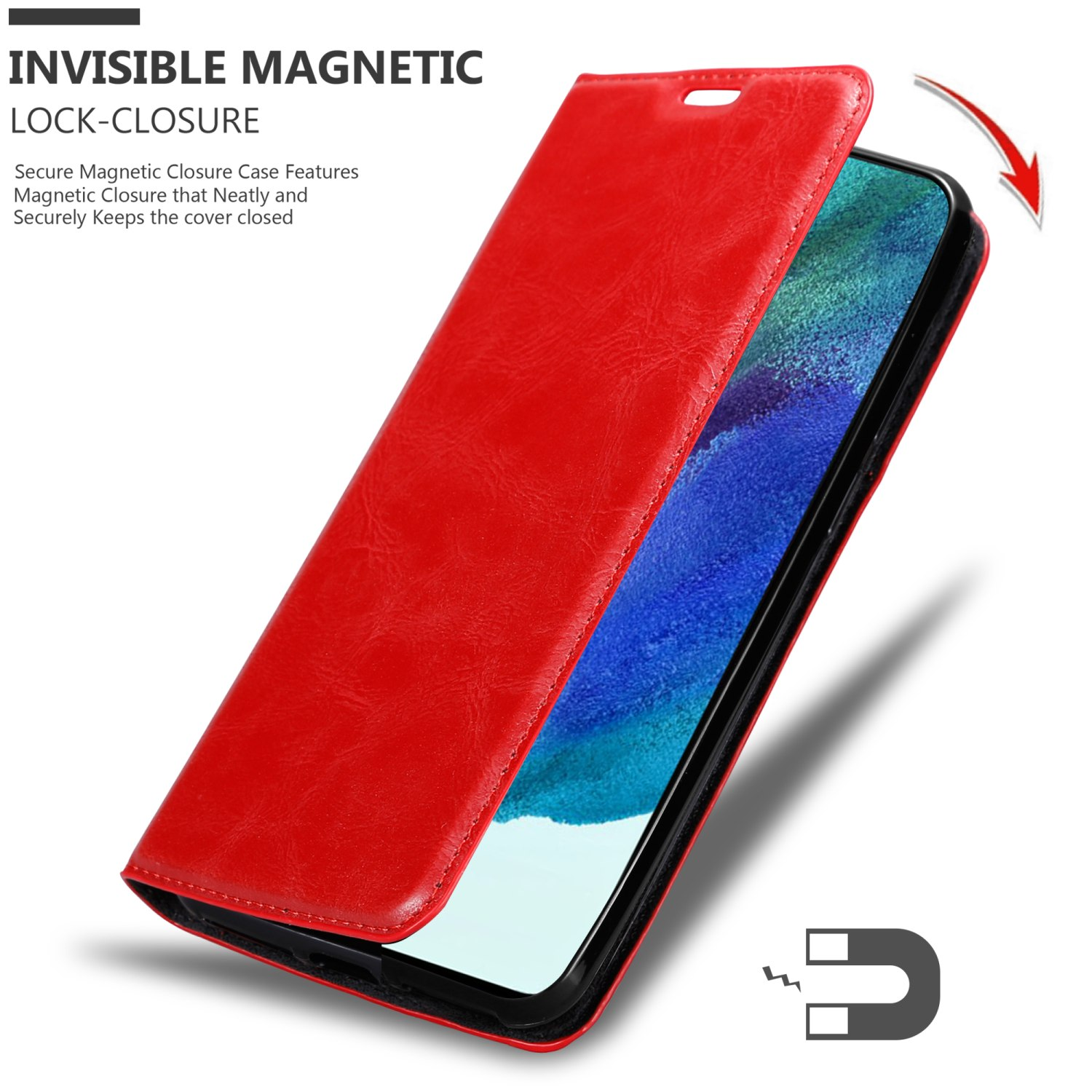 Custodia rossa per telefono con coperchio aperto. Schermo visibile. Chiusura magnetica in basso a destra.