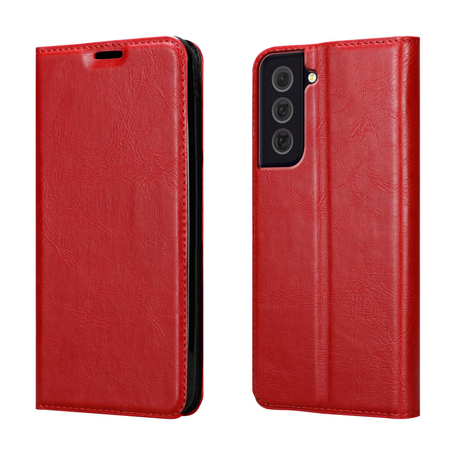Custodia rossa con telefono dentro. Chiusa, sfondo bianco.