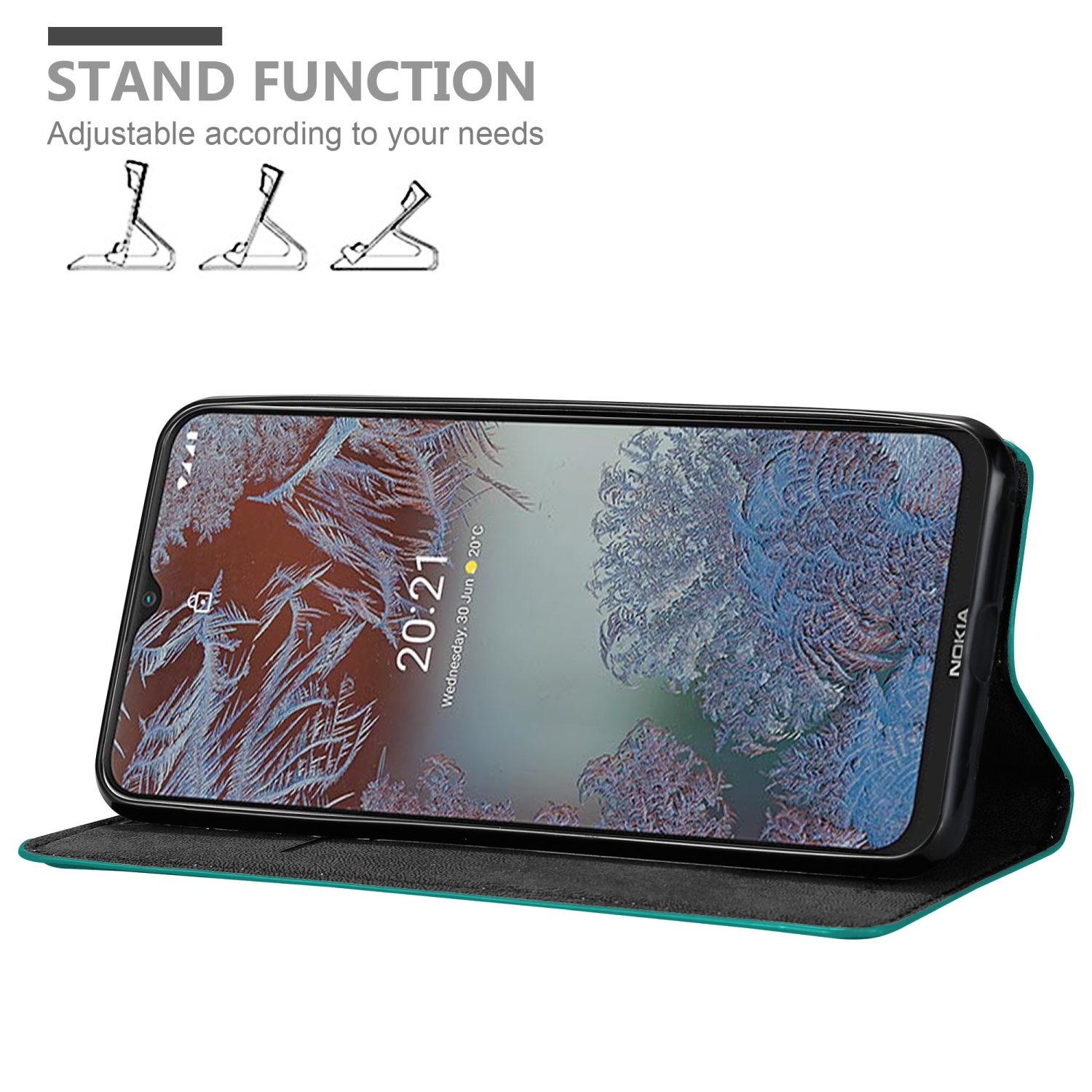 Telefono in una custodia teal in funzione supporto, su una superficie.