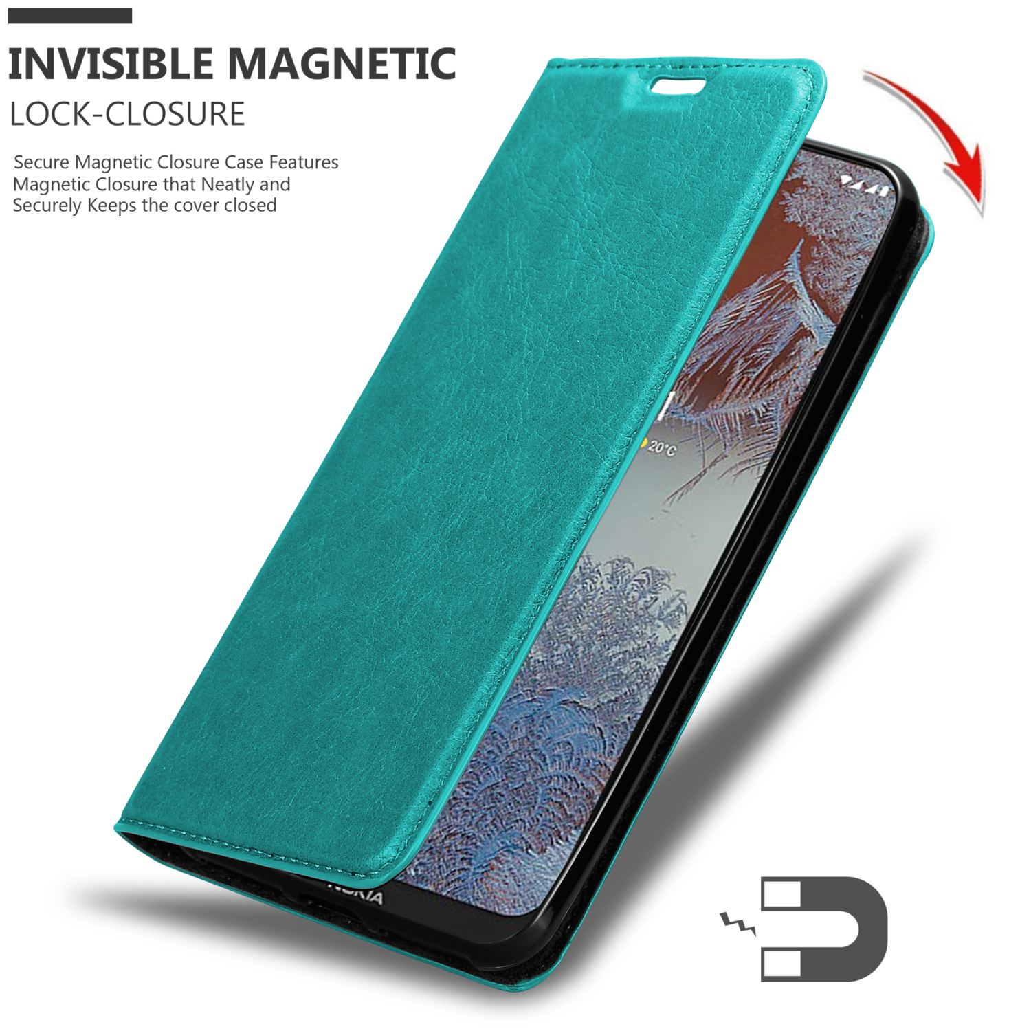 Una custodia a portafoglio verde acqua per telefono aperta, che rivela un telefono, con un'icona di chiusura magnetica.