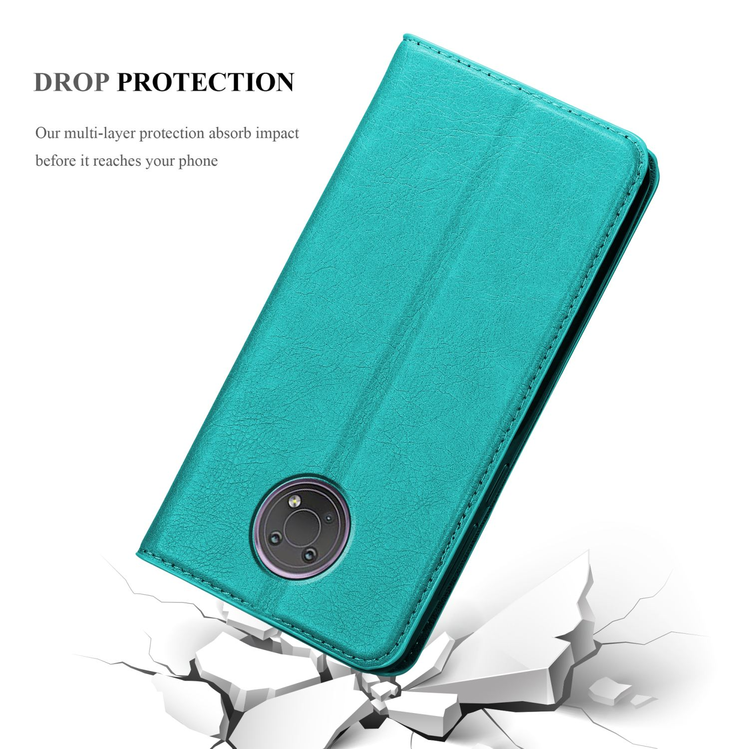 Custodia per telefono verde acqua aperta, angolata. Sfondo bianco, con crepe in basso.