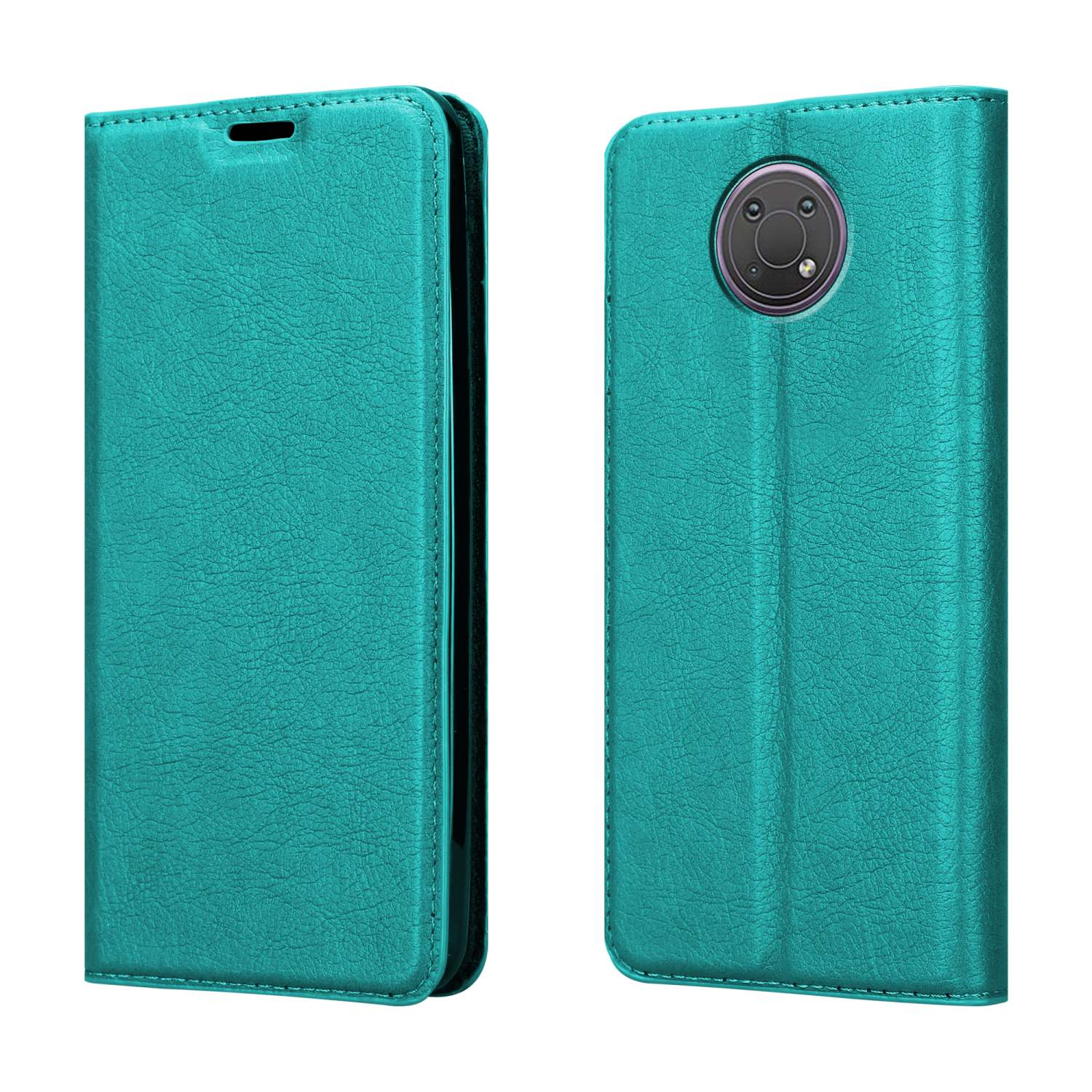 Custodia per telefono verde acqua. Il telefono è all'interno. La parte posteriore della custodia è visibile.