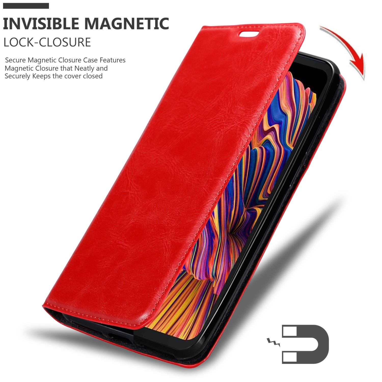 Custodia rossa per telefono aperta, che mostra lo schermo del telefono, con simbolo magnetico e 'Invisible Magnetic Lock-Closure'.