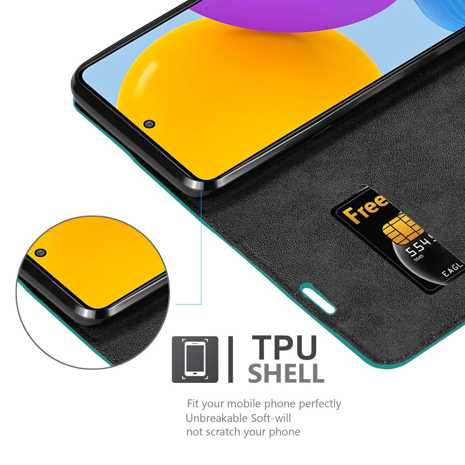 Una custodia per telefono con un telefono all'interno e una carta. C'è scritto 'TPU SHELL' sulla custodia.