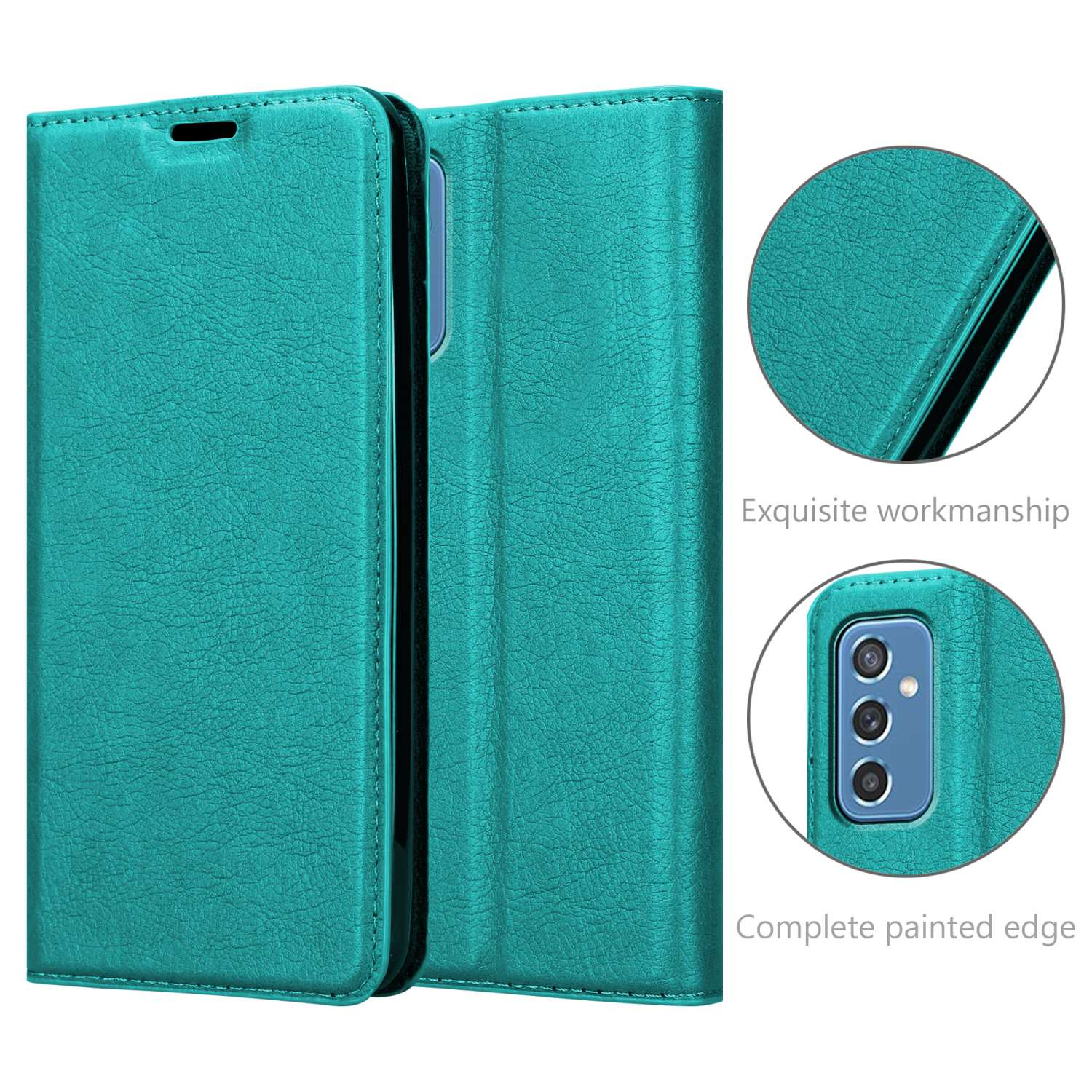 Custodia teal con telefono dentro. Custodia aperta, con lavorazione squisita.