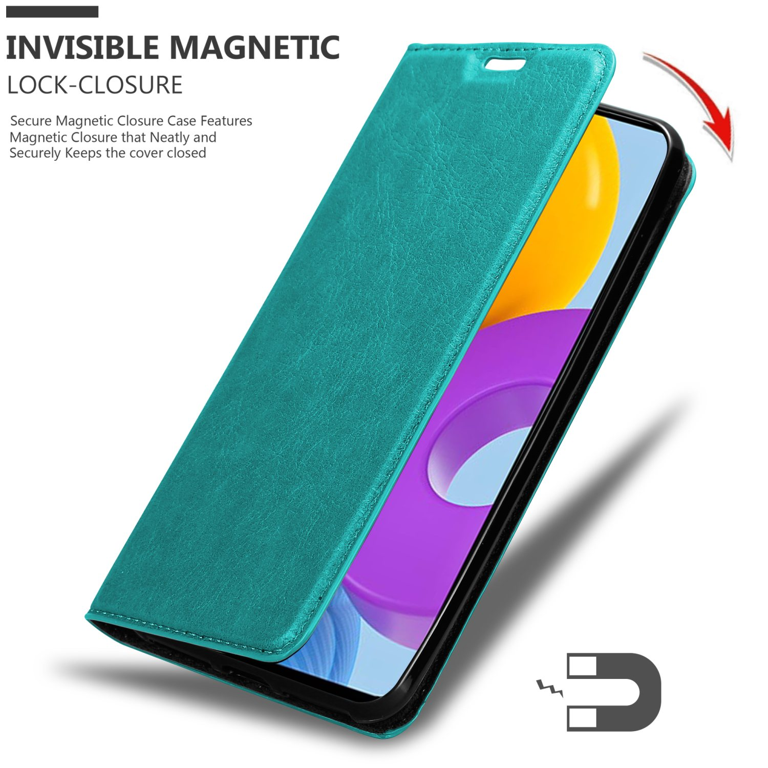 Custodia verde acqua per telefono, aperta, che mostra il telefono all'interno. Testo: Chiusura magnetica invisibile.