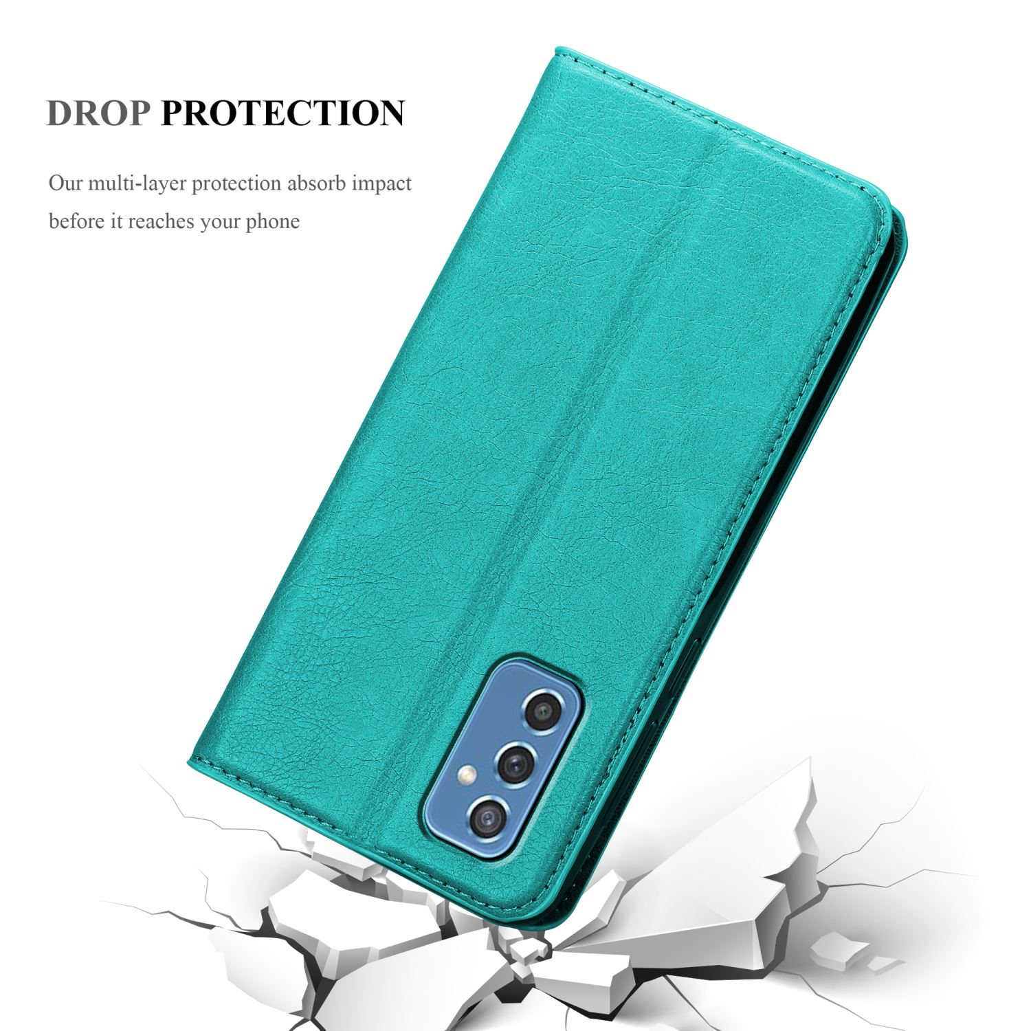 Custodia telefono verde acqua chiusa. Testo: Protezione dalle cadute, con grafica crepa a terra.