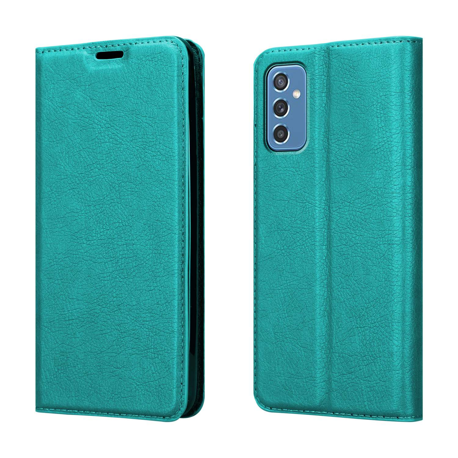 Custodia verde acqua per telefono, chiusa. Vengono mostrati i dettagli della custodia. Il telefono ha una fotocamera.