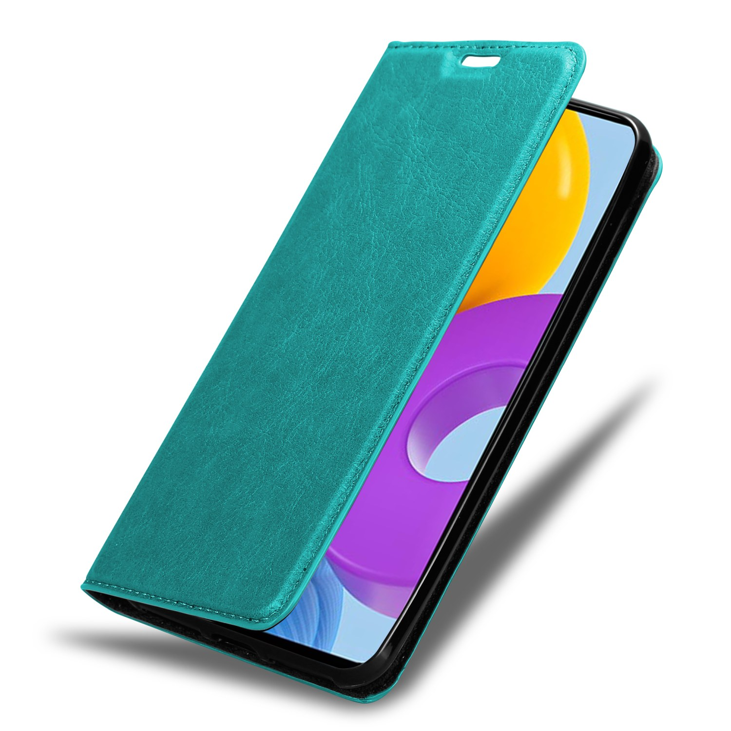 Una custodia per telefono turchese è aperta, rivelando un telefono. Il telefono ha uno sfondo colorato.