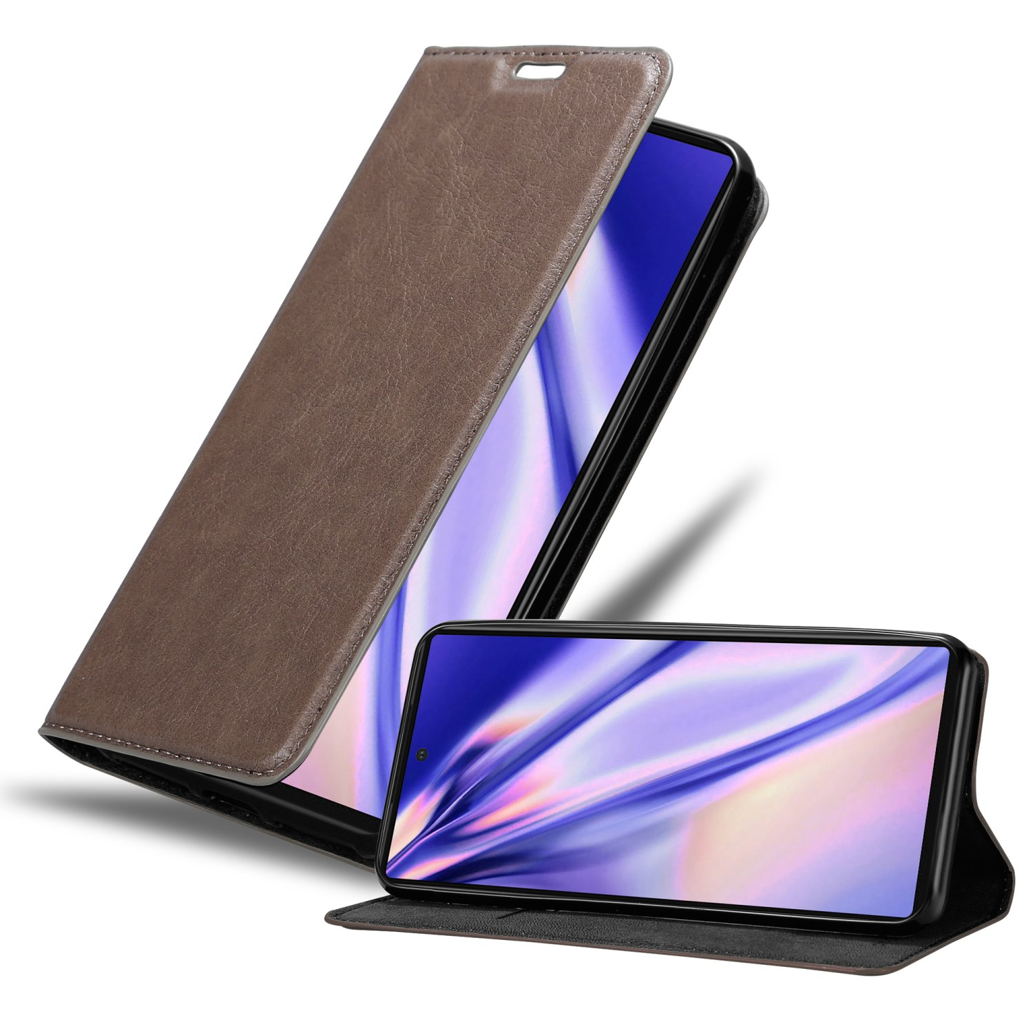 Braune Handyhülle offen, Bildschirm sichtbar. Ein weiteres Telefon im Gehäuse zeigt denselben Bildschirm.