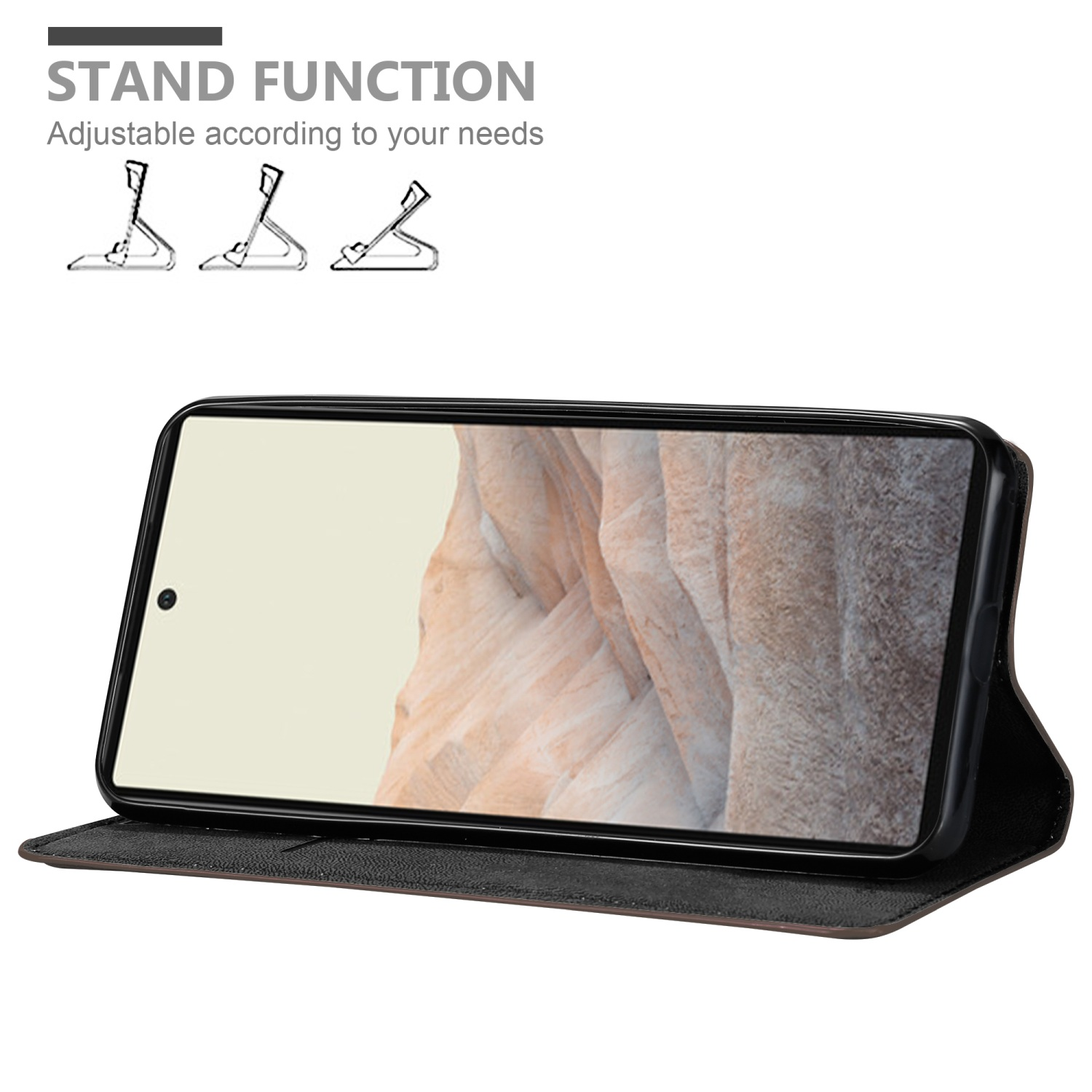 Telefon in schwarzem Gehäuse, offen und aufgestellt. Text oben: STANDFUNKTION.