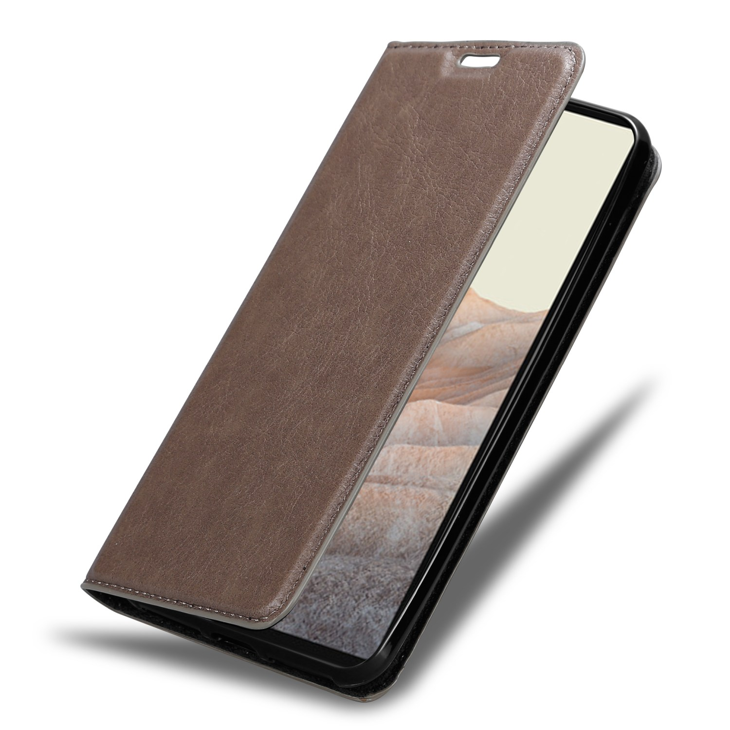 Braune Leder-Handyhülle, geöffnet, um das Telefon mit grauem Hintergrund zu zeigen. Die Hülle ist geneigt.