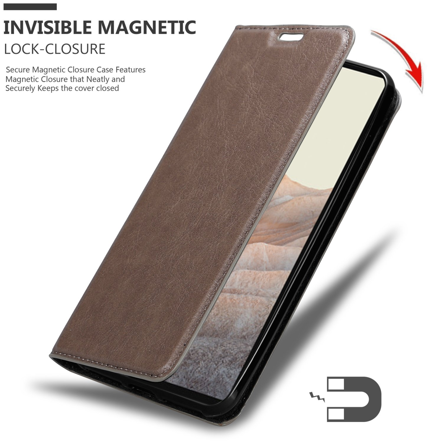 Braune Handyhülle, die sich öffnet, um den Telefonbildschirm freizugeben. Ein Magnet-Symbol ist sichtbar.