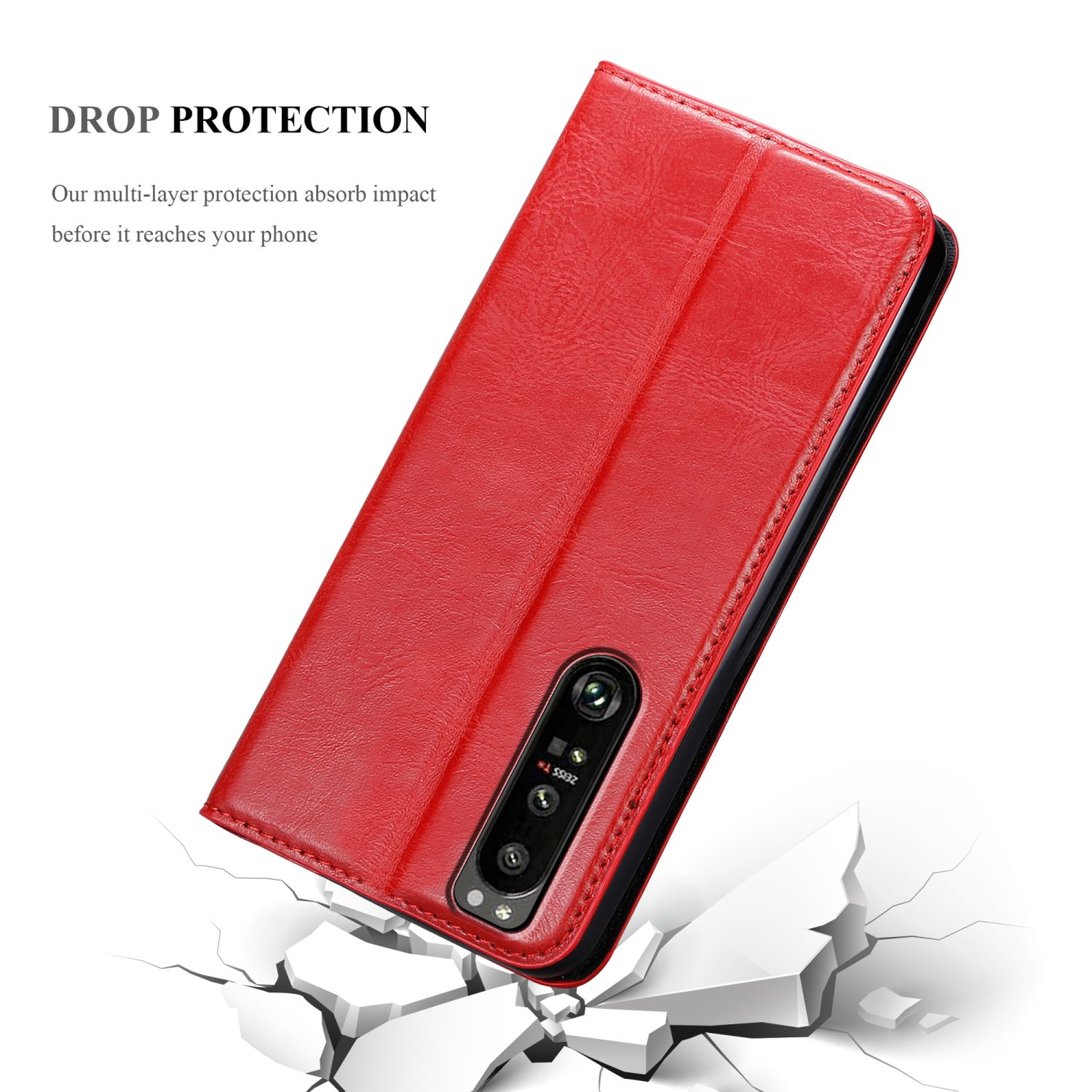 Una custodia per telefono rossa, aperta, con un telefono all'interno. Testo: Protezione dalle cadute. Il telefono è a destra.