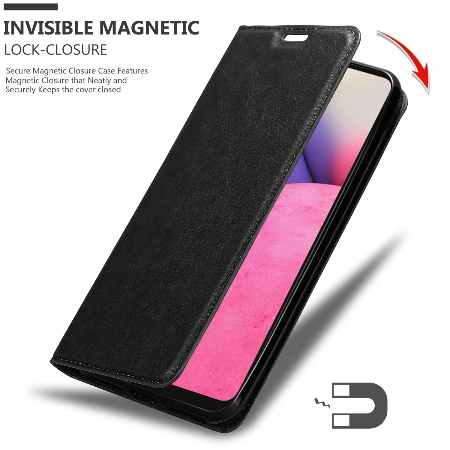Custodia per telefono nera, aperta che mostra lo schermo del telefono. Il testo recita 'Invisible Magnetic Lock-Closure'.