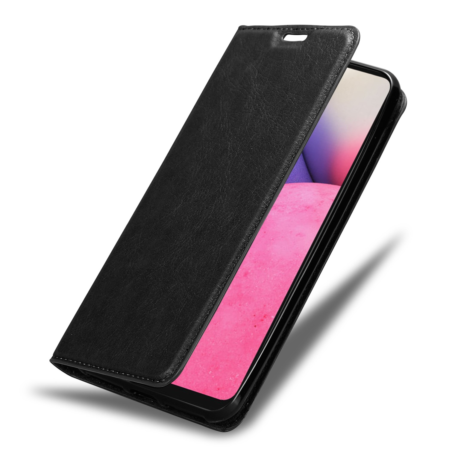 Custodia per telefono in pelle nera, aperta, che rivela uno schermo con colori rosa e bianco.