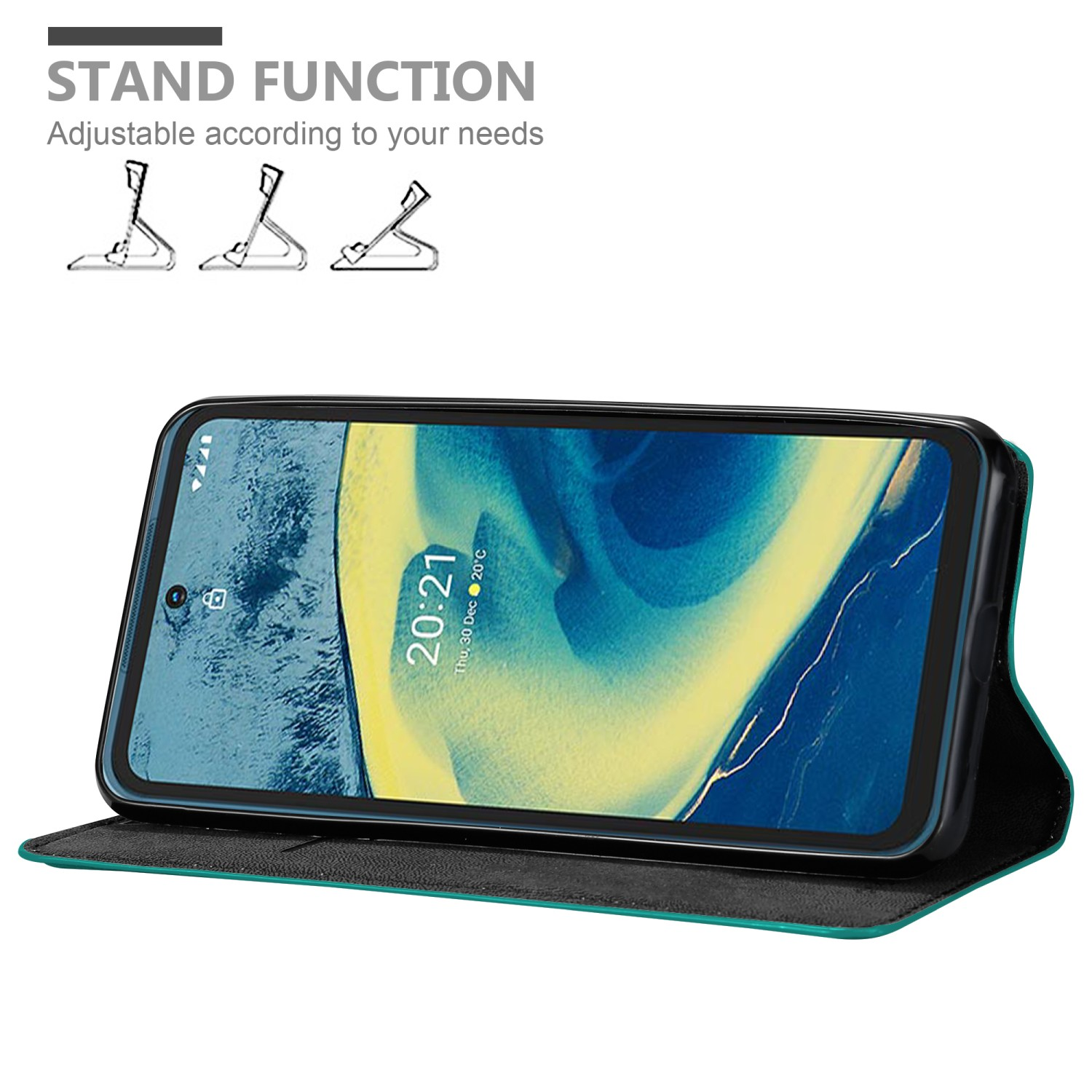 Telefono in una custodia turchese, aperto per visualizzare lo schermo. Icone della funzione stand sullo sfondo.