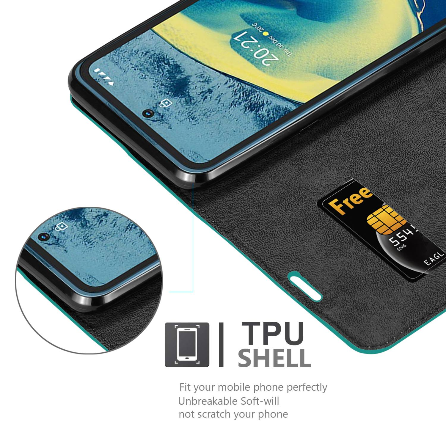 Custodia aperta con telefono che mostra l'ora e una carta. Guscio in TPU visibile.