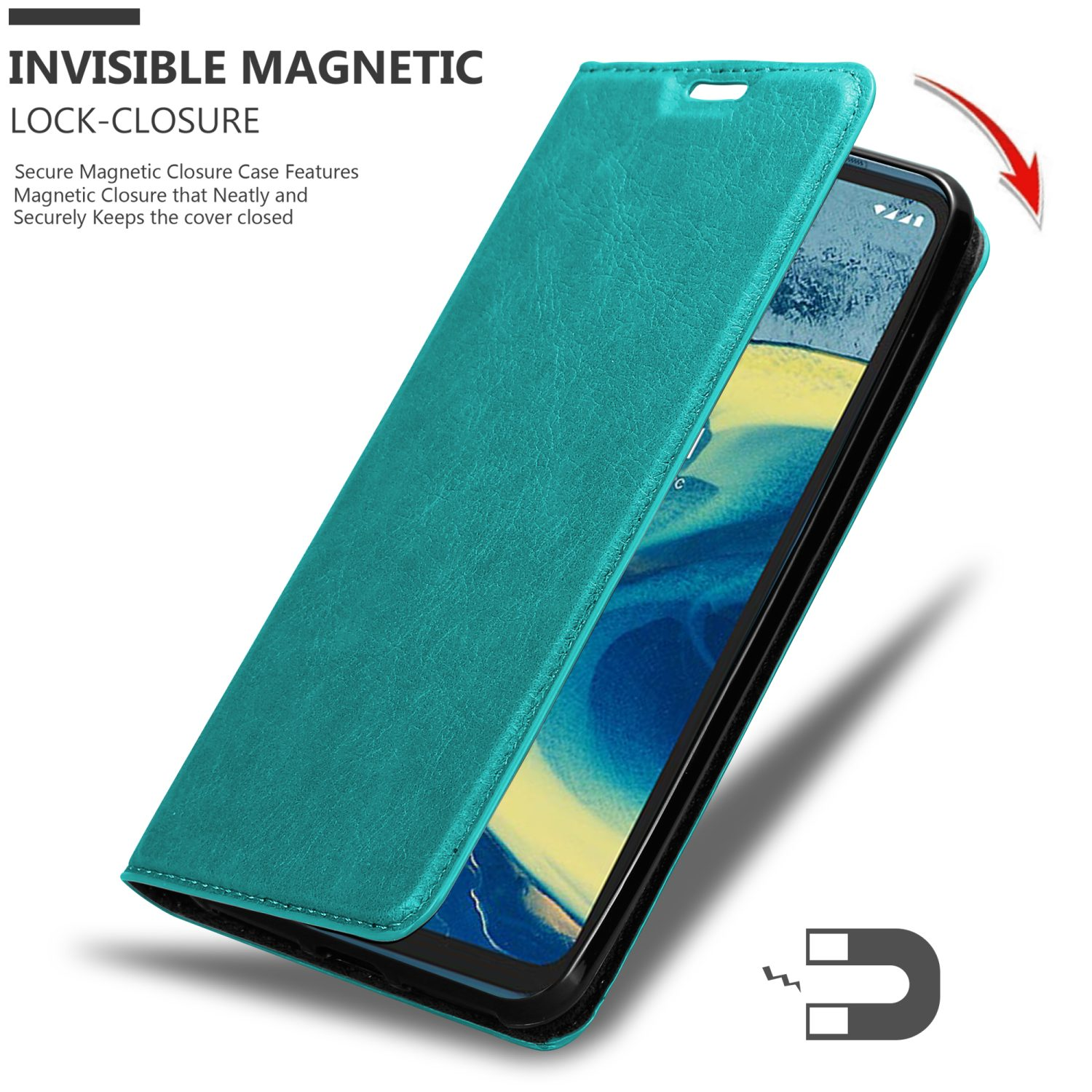 Custodia per telefono verde acqua aperta, con telefono all'interno, grafica chiusura magnetica e freccia rossa. Sfondo bianco.