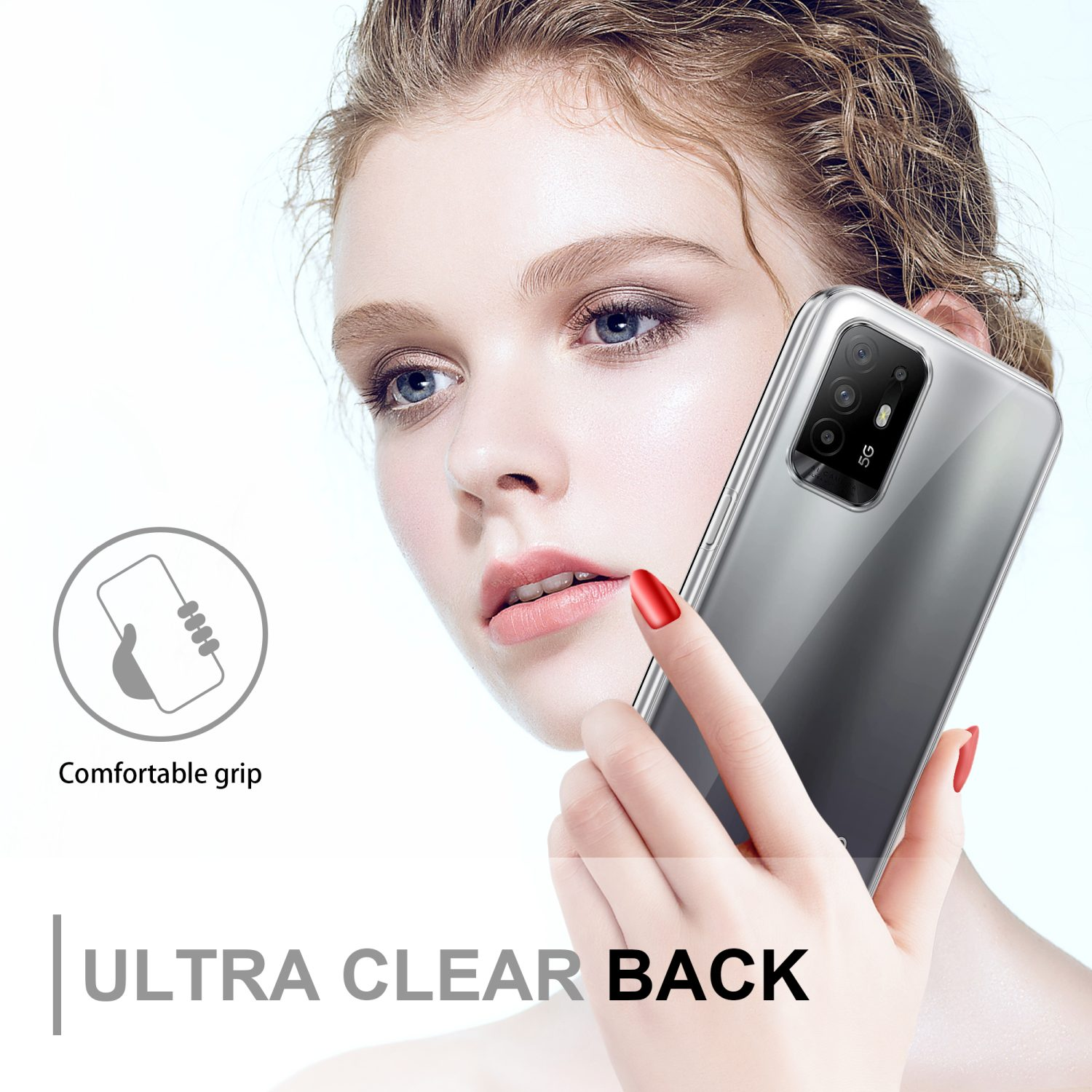 Una donna che tiene in mano un telefono con una custodia trasparente, il testo dice ULTRA CLEAR BACK. La fotocamera del telefono è visibile, smalto rosso.